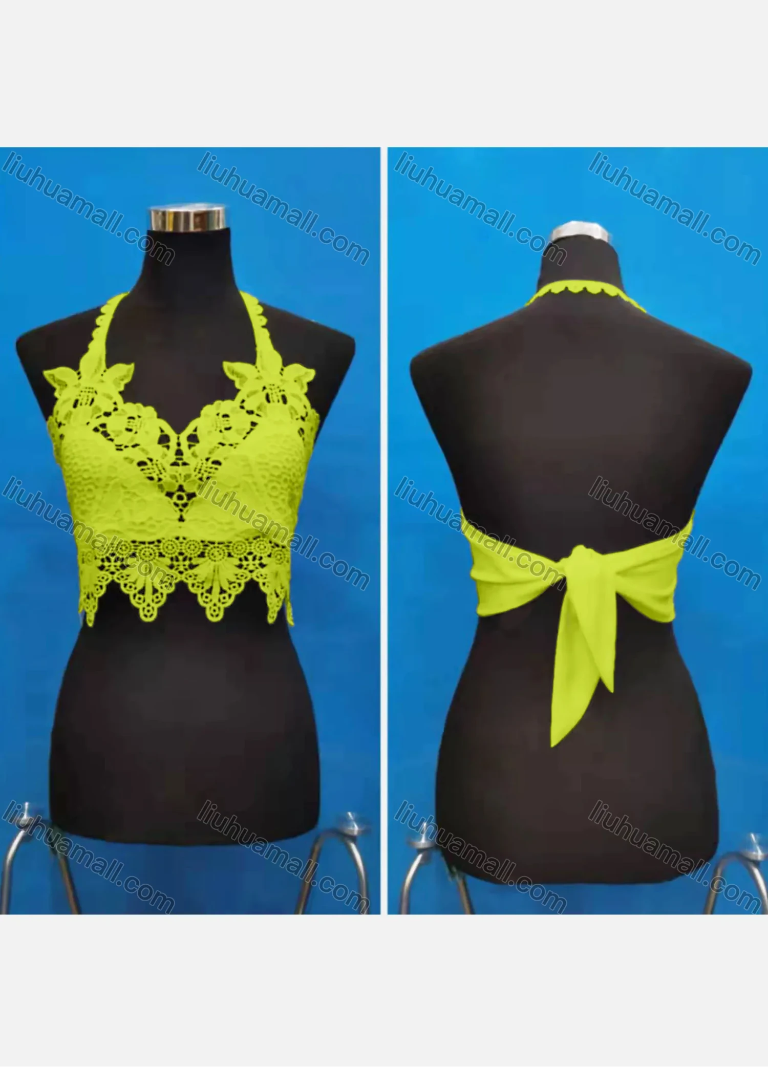 Wholesale Women's Sexy Halter Hollow Out Lace Trim Tie Back Crop Tops - Liuhuamall