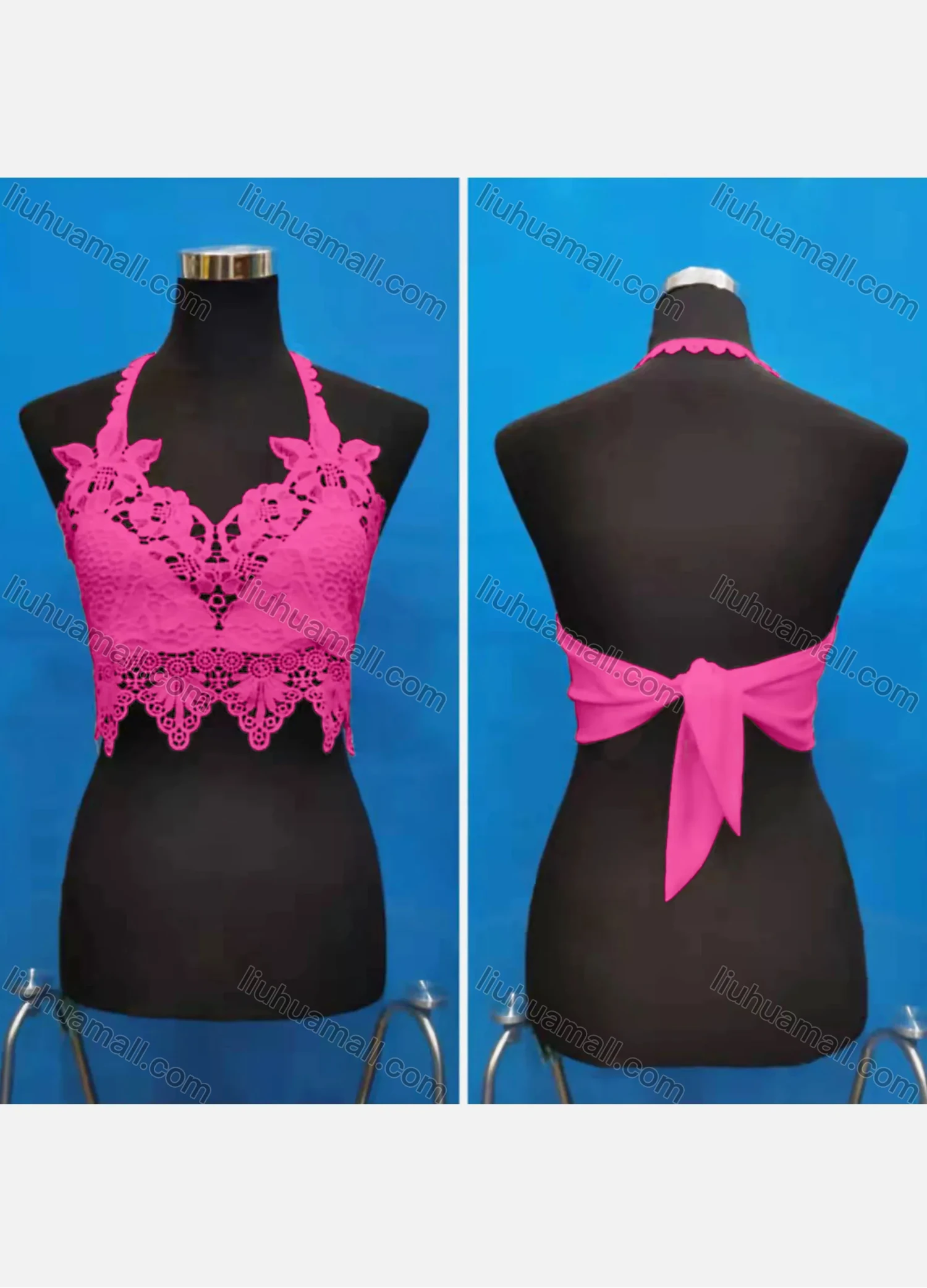 Wholesale Women's Sexy Halter Hollow Out Lace Trim Tie Back Crop Tops - Liuhuamall