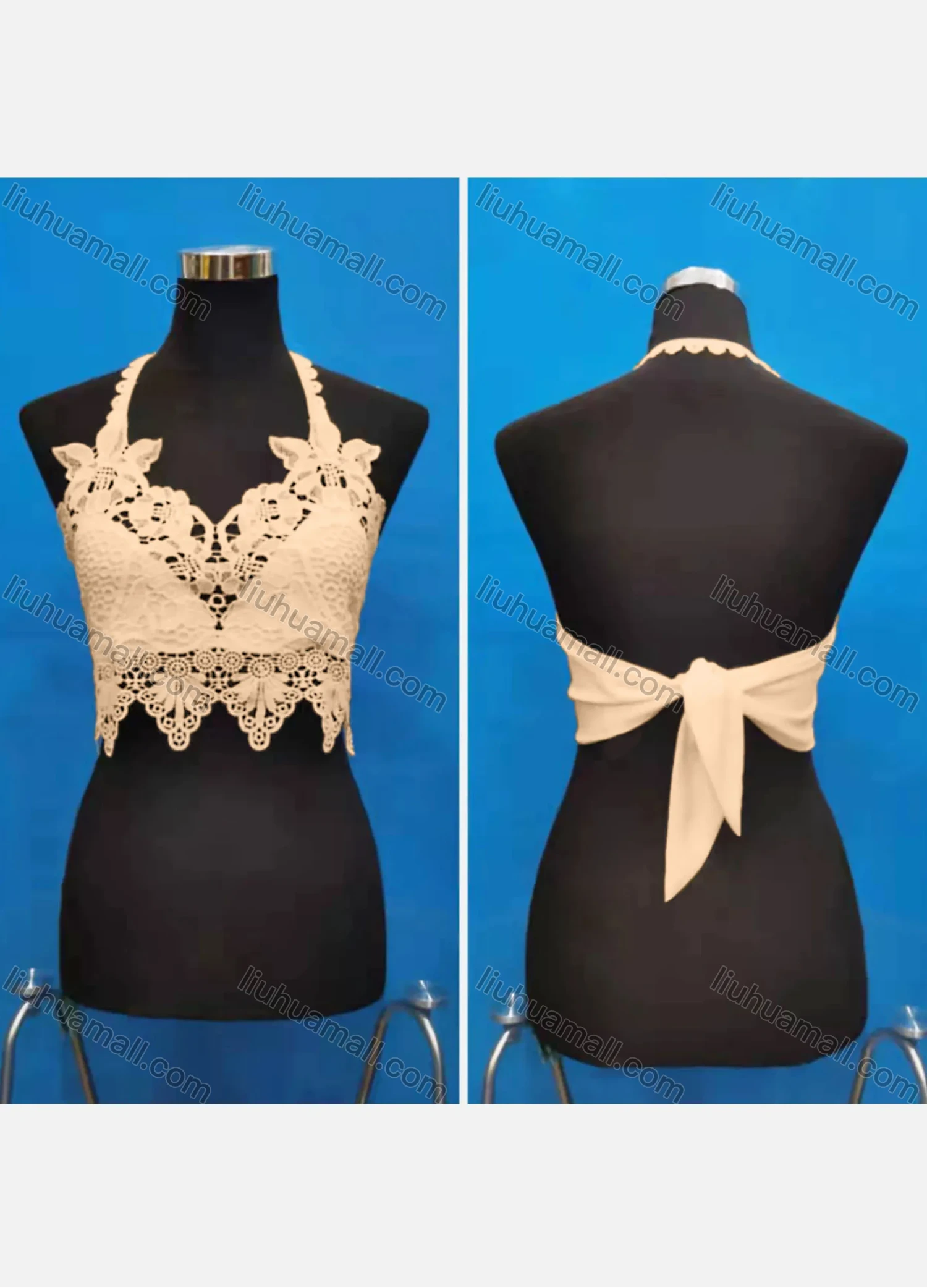 Wholesale Women's Sexy Halter Hollow Out Lace Trim Tie Back Crop Tops - Liuhuamall