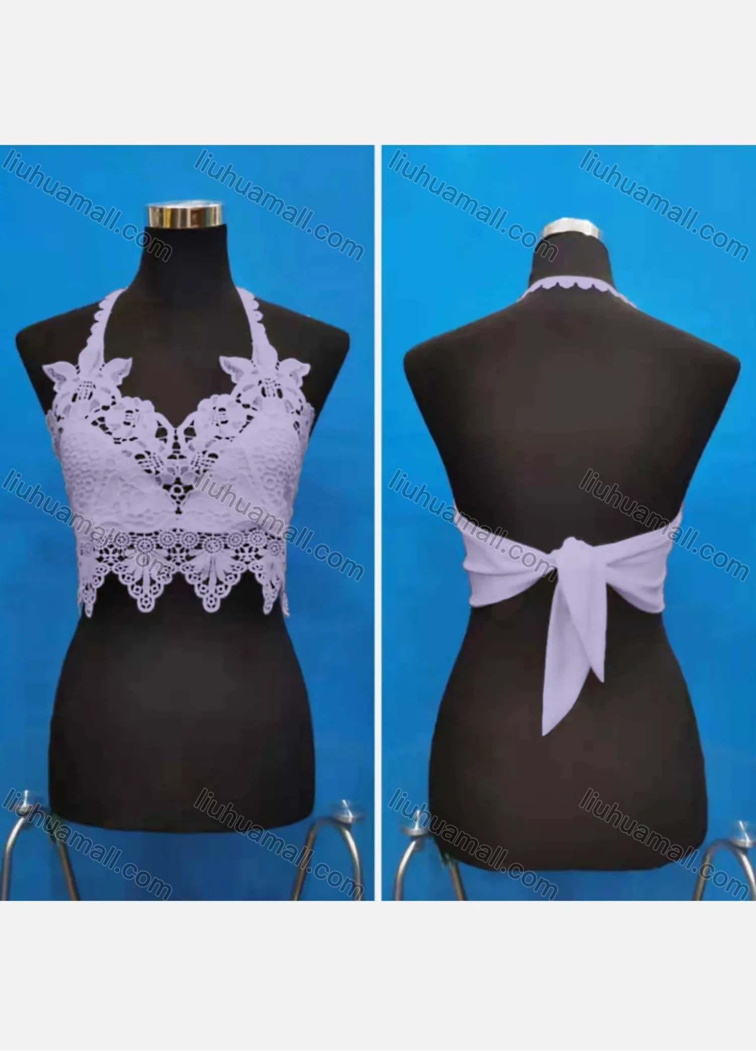 Wholesale Women's Sexy Halter Hollow Out Lace Trim Tie Back Crop Tops - Liuhuamall