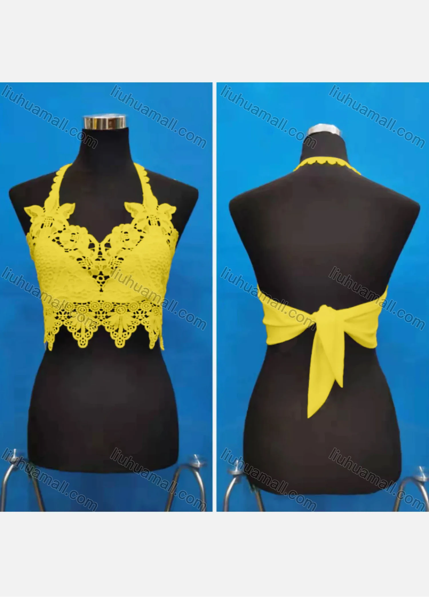 Wholesale Women's Sexy Halter Hollow Out Lace Trim Tie Back Crop Tops - Liuhuamall