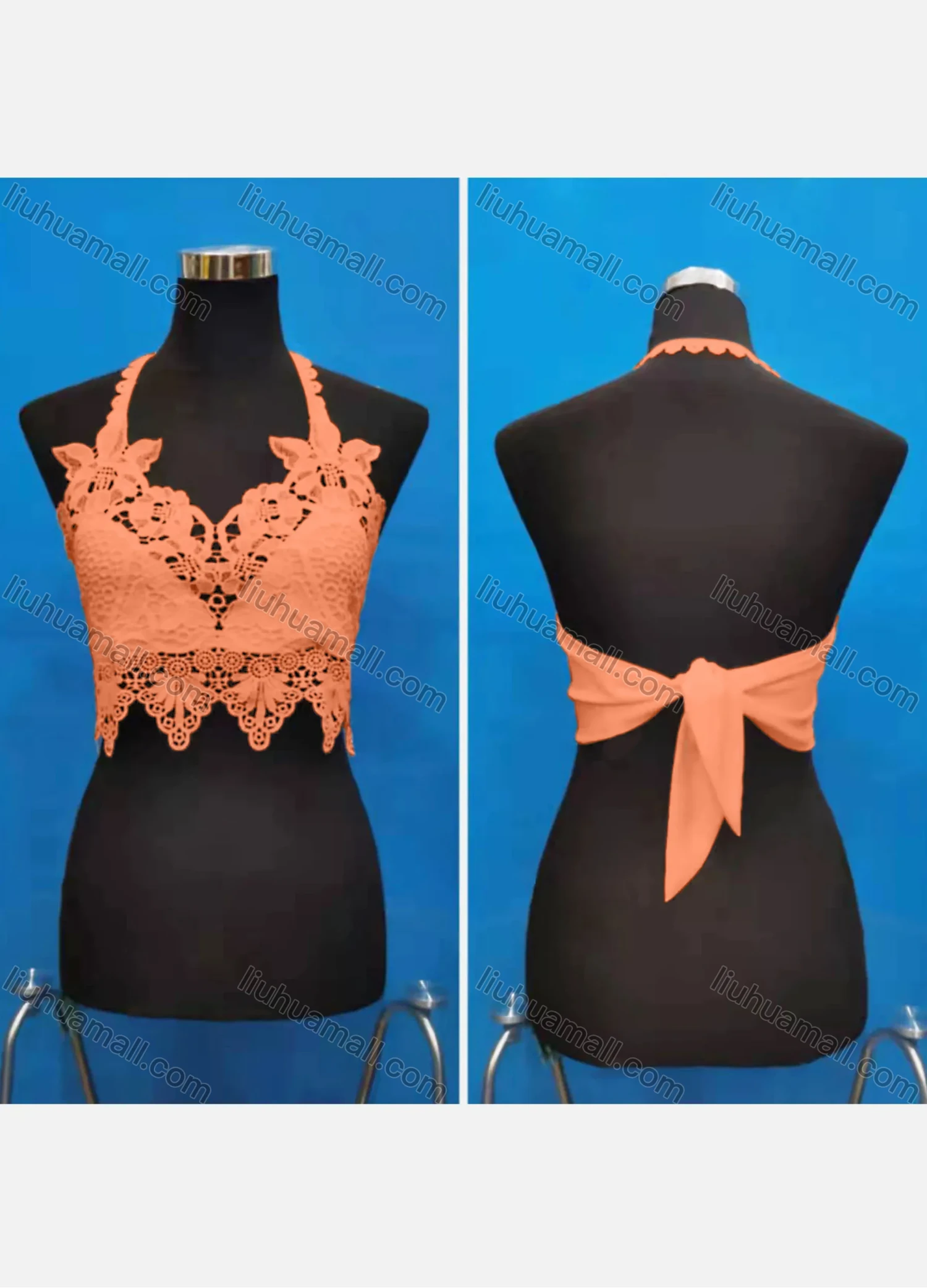 Wholesale Women's Sexy Halter Hollow Out Lace Trim Tie Back Crop Tops - Liuhuamall