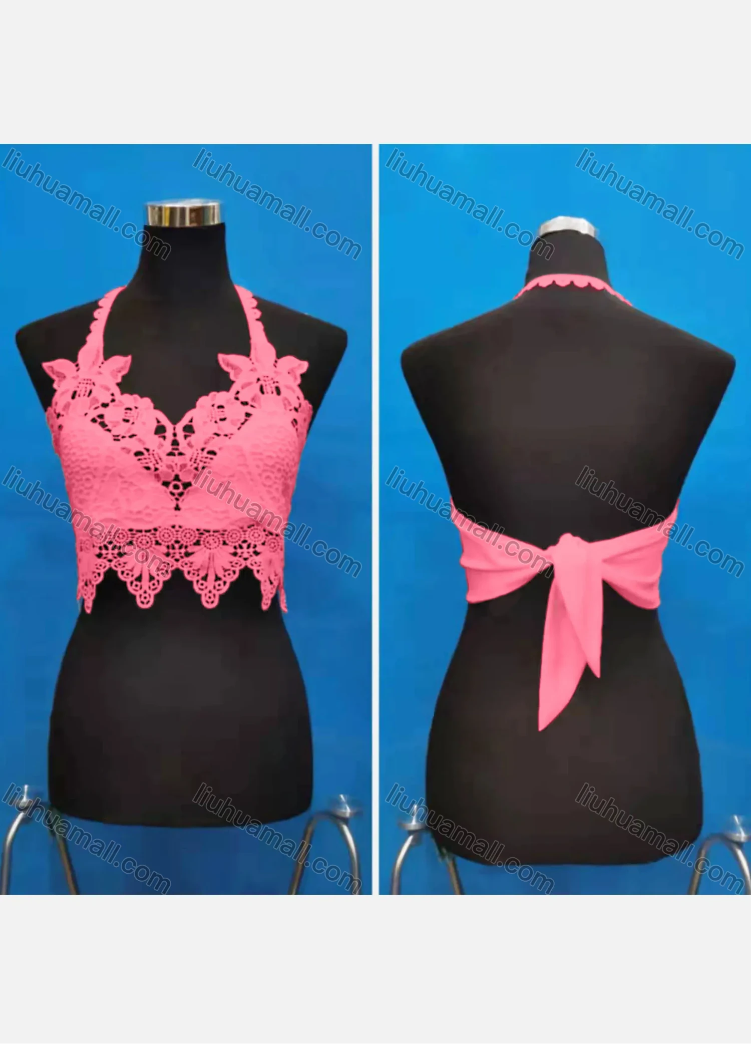 Wholesale Women's Sexy Halter Hollow Out Lace Trim Tie Back Crop Tops - Liuhuamall