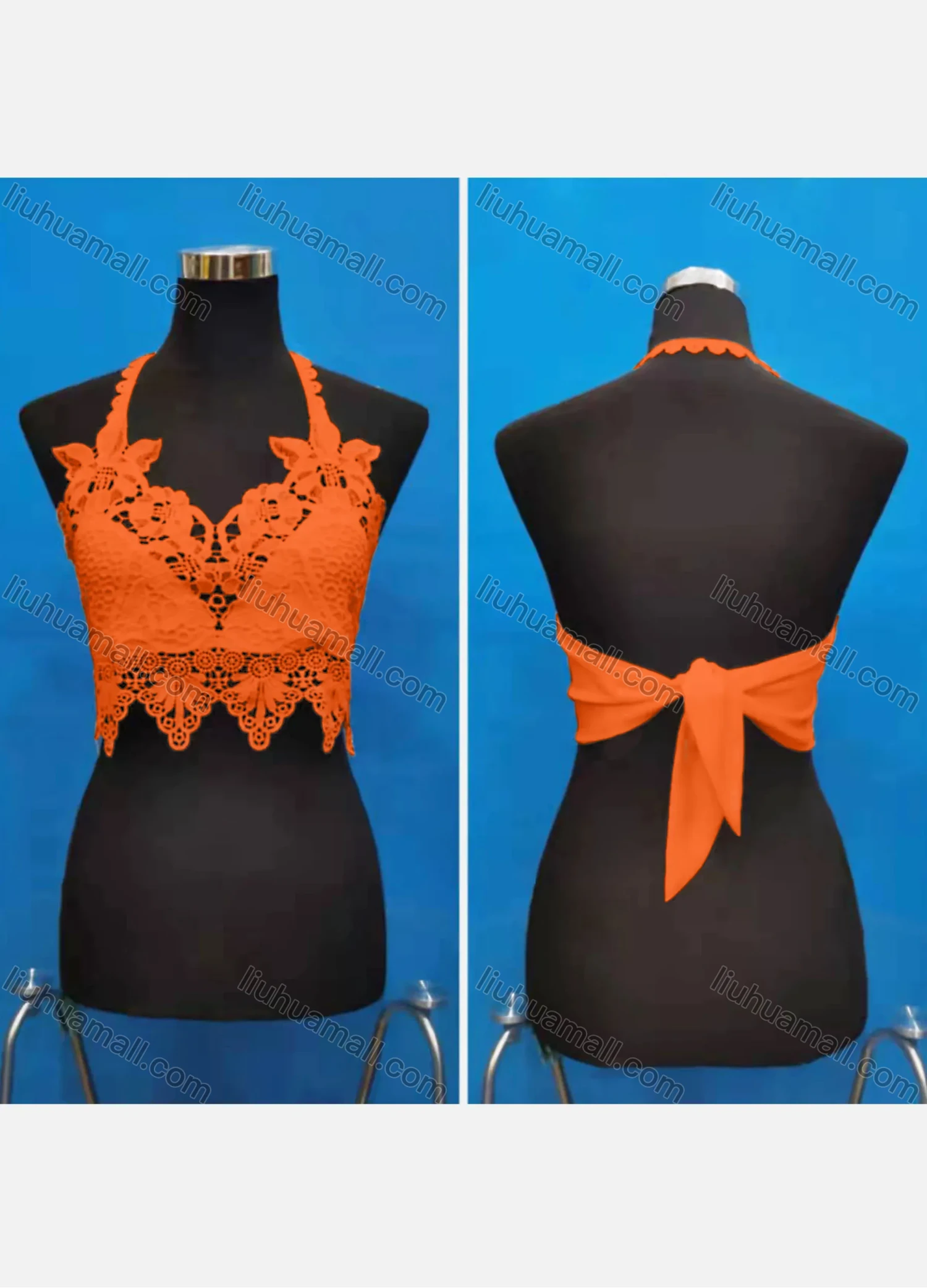 Wholesale Women's Sexy Halter Hollow Out Lace Trim Tie Back Crop Tops - Liuhuamall