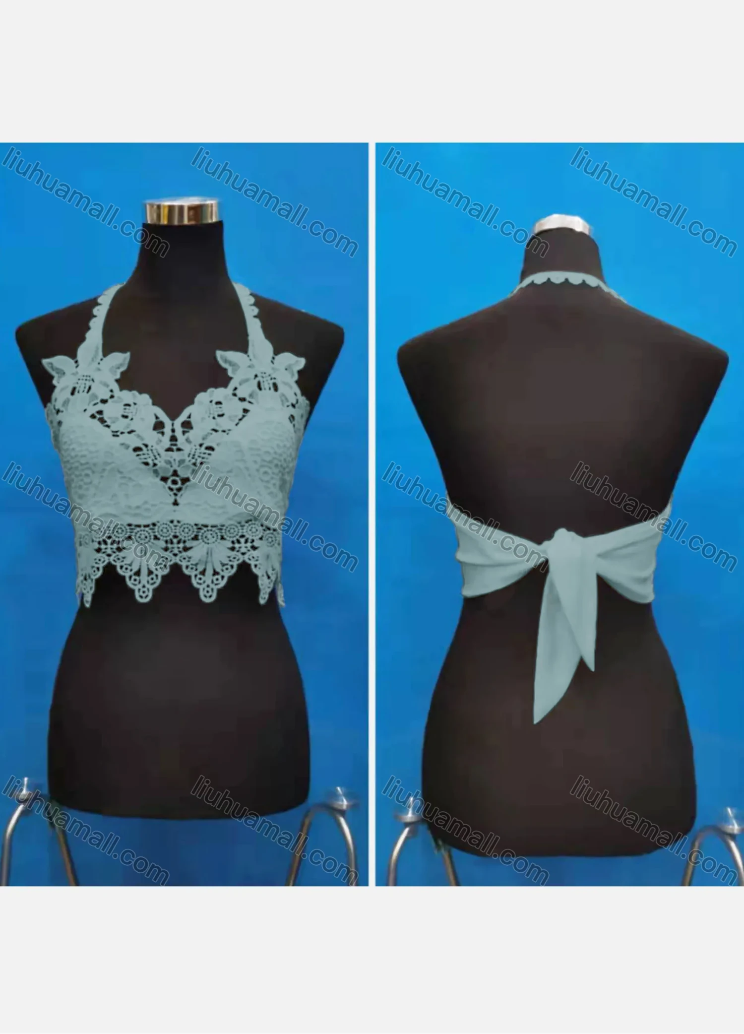 Wholesale Women's Sexy Halter Hollow Out Lace Trim Tie Back Crop Tops - Liuhuamall