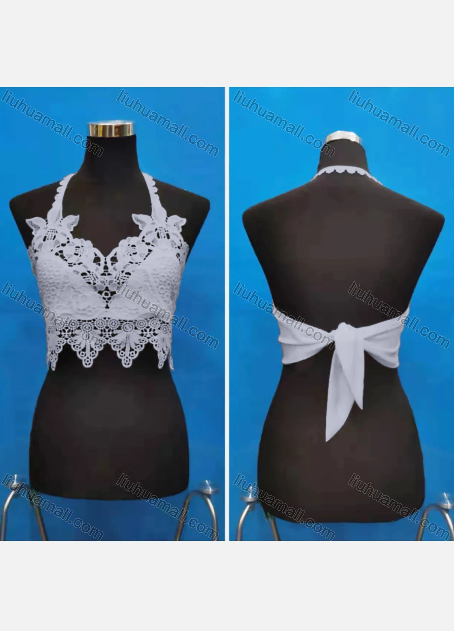 Wholesale Women's Sexy Halter Hollow Out Lace Trim Tie Back Crop Tops - Liuhuamall