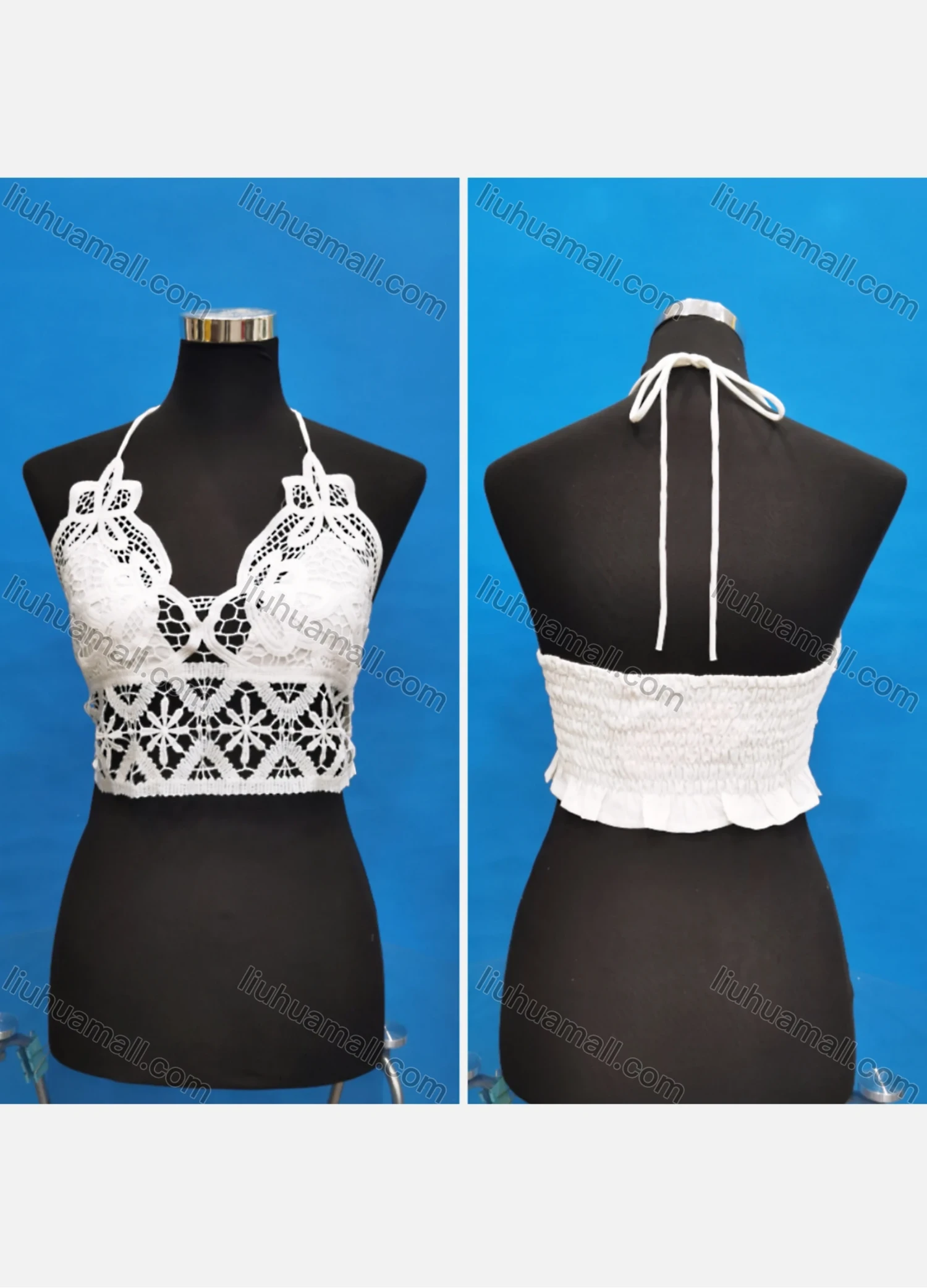 Wholesale Women's Sexy Halter Hollow Out Lace Trim Tie Back Shirred Crop Tops - Liuhuamall