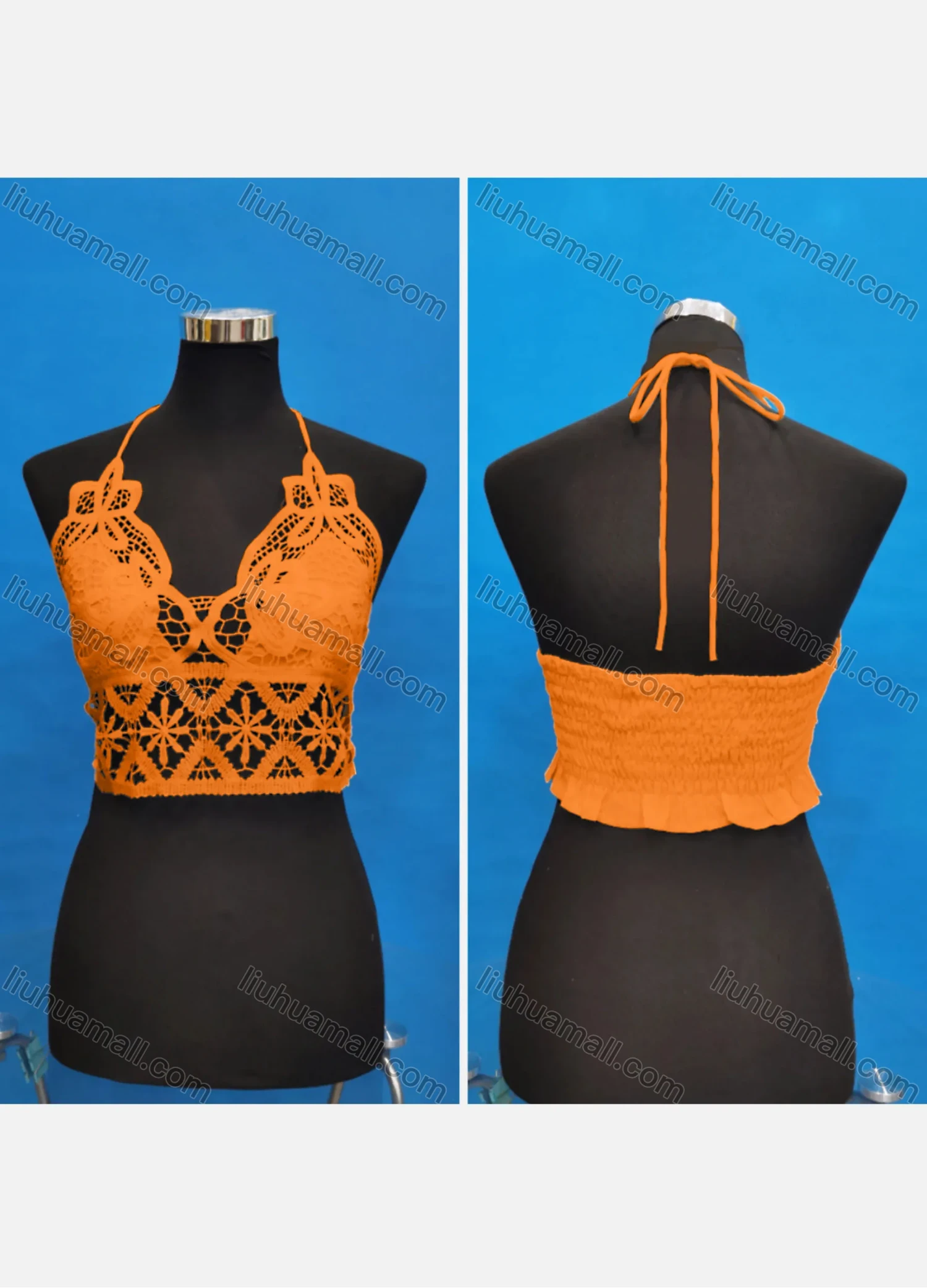 Wholesale Women's Sexy Halter Hollow Out Lace Trim Tie Back Shirred Crop Tops - Liuhuamall