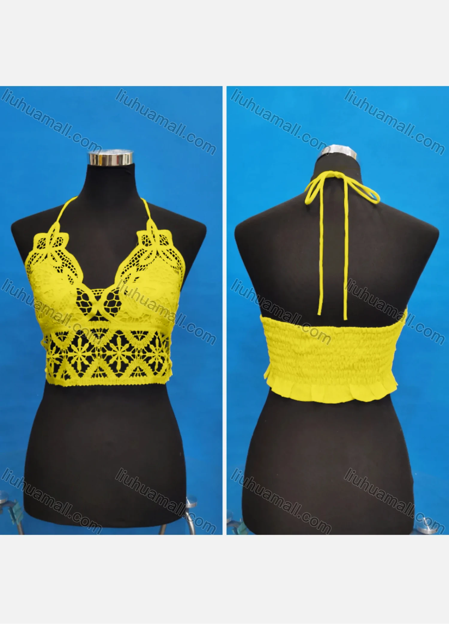 Wholesale Women's Sexy Halter Hollow Out Lace Trim Tie Back Shirred Crop Tops - Liuhuamall