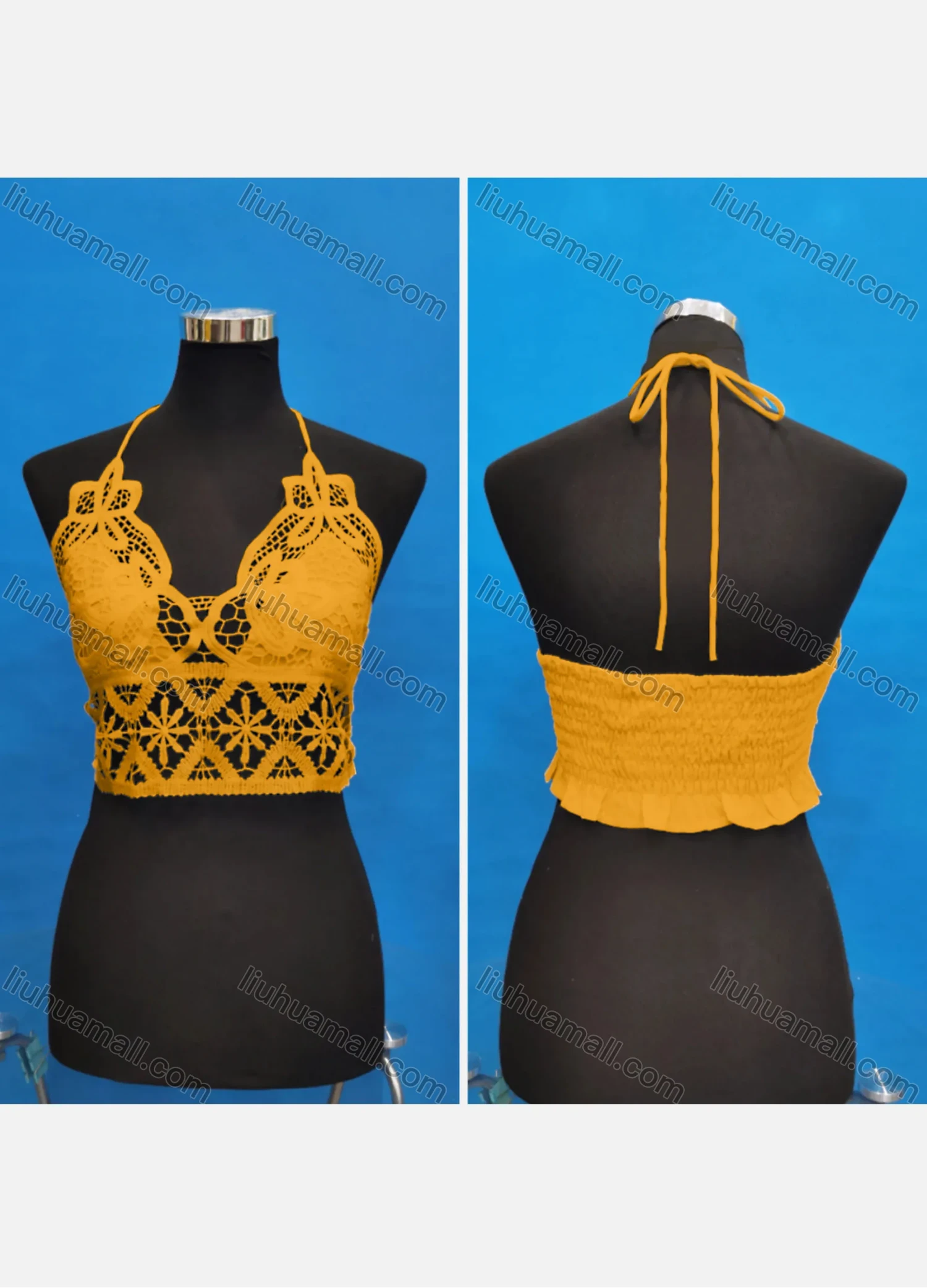 Wholesale Women's Sexy Halter Hollow Out Lace Trim Tie Back Shirred Crop Tops - Liuhuamall