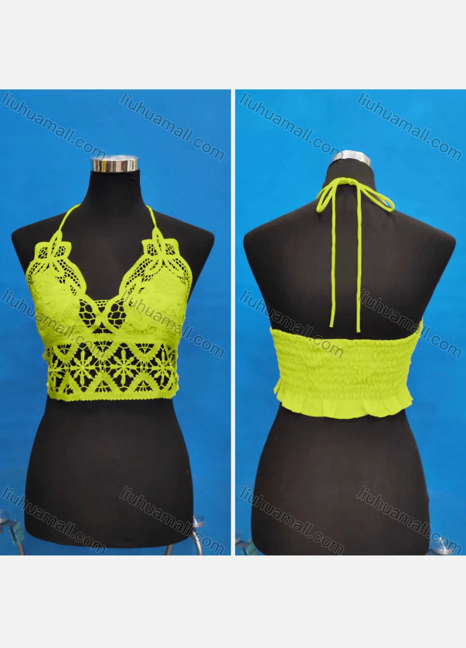 Wholesale Women's Sexy Halter Hollow Out Lace Trim Tie Back Shirred Crop Tops - Liuhuamall