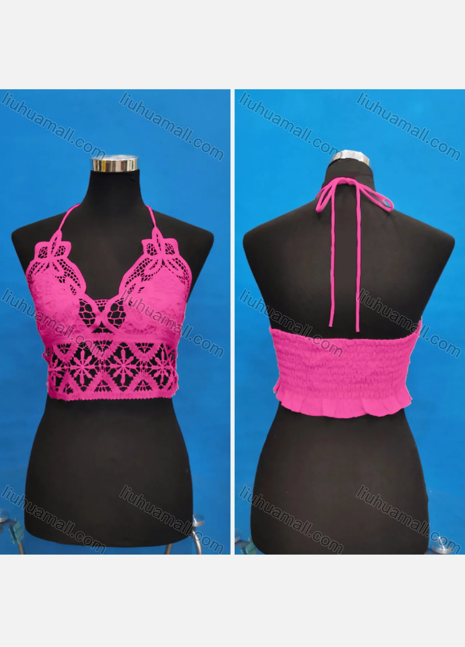 Wholesale Women's Sexy Halter Hollow Out Lace Trim Tie Back Shirred Crop Tops - Liuhuamall