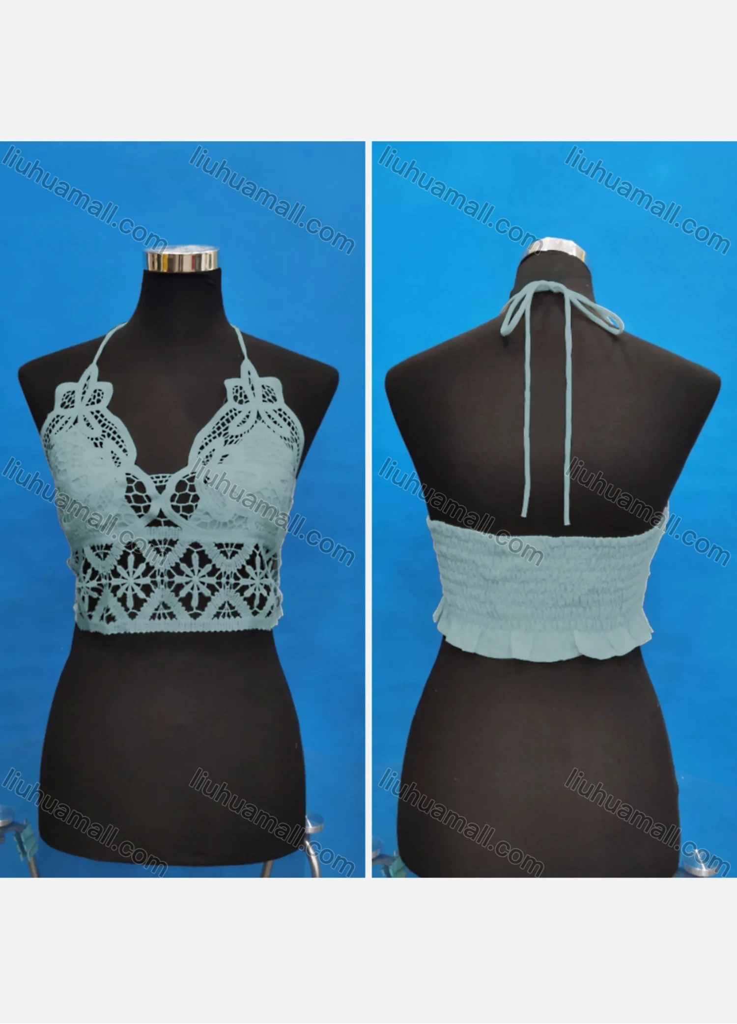 Wholesale Women's Sexy Halter Hollow Out Lace Trim Tie Back Shirred Crop Tops - Liuhuamall