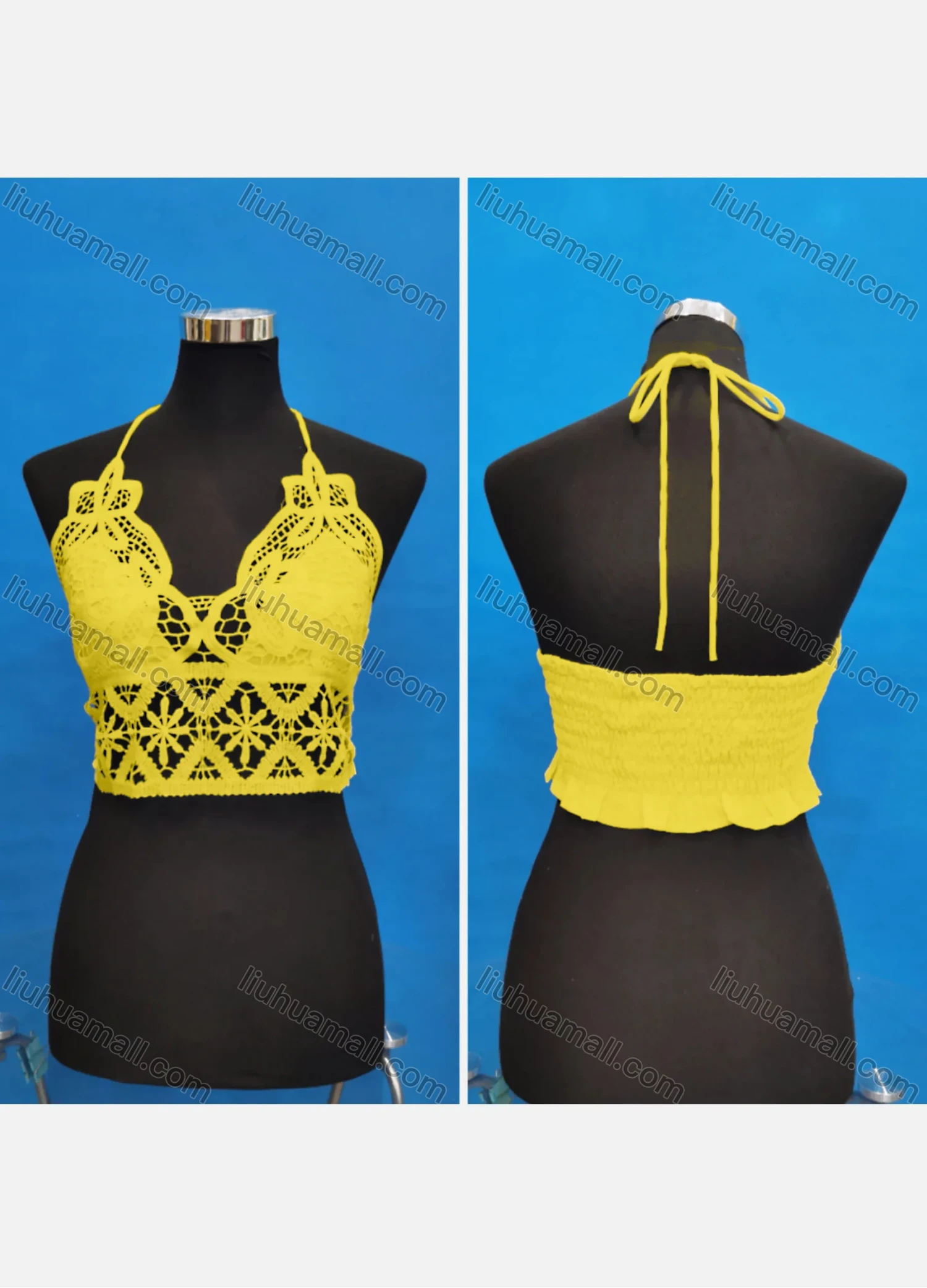 Wholesale Women's Sexy Halter Hollow Out Lace Trim Tie Back Shirred Crop Tops - Liuhuamall