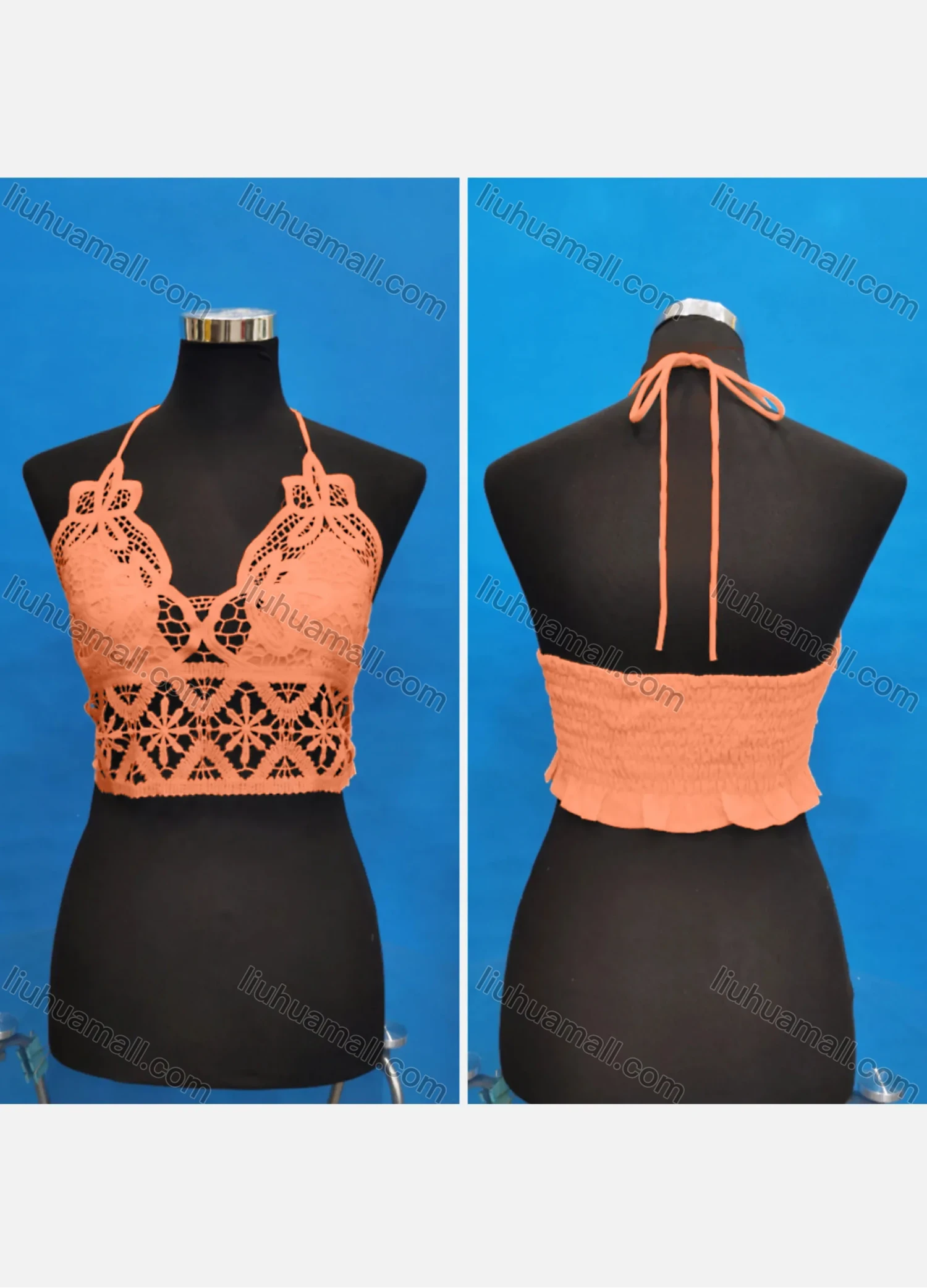 Wholesale Women's Sexy Halter Hollow Out Lace Trim Tie Back Shirred Crop Tops - Liuhuamall