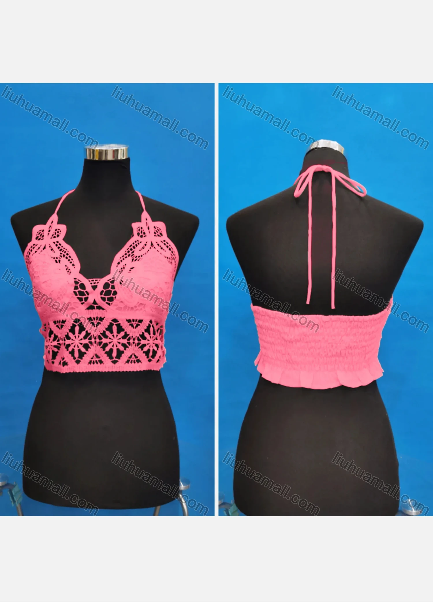 Wholesale Women's Sexy Halter Hollow Out Lace Trim Tie Back Shirred Crop Tops - Liuhuamall