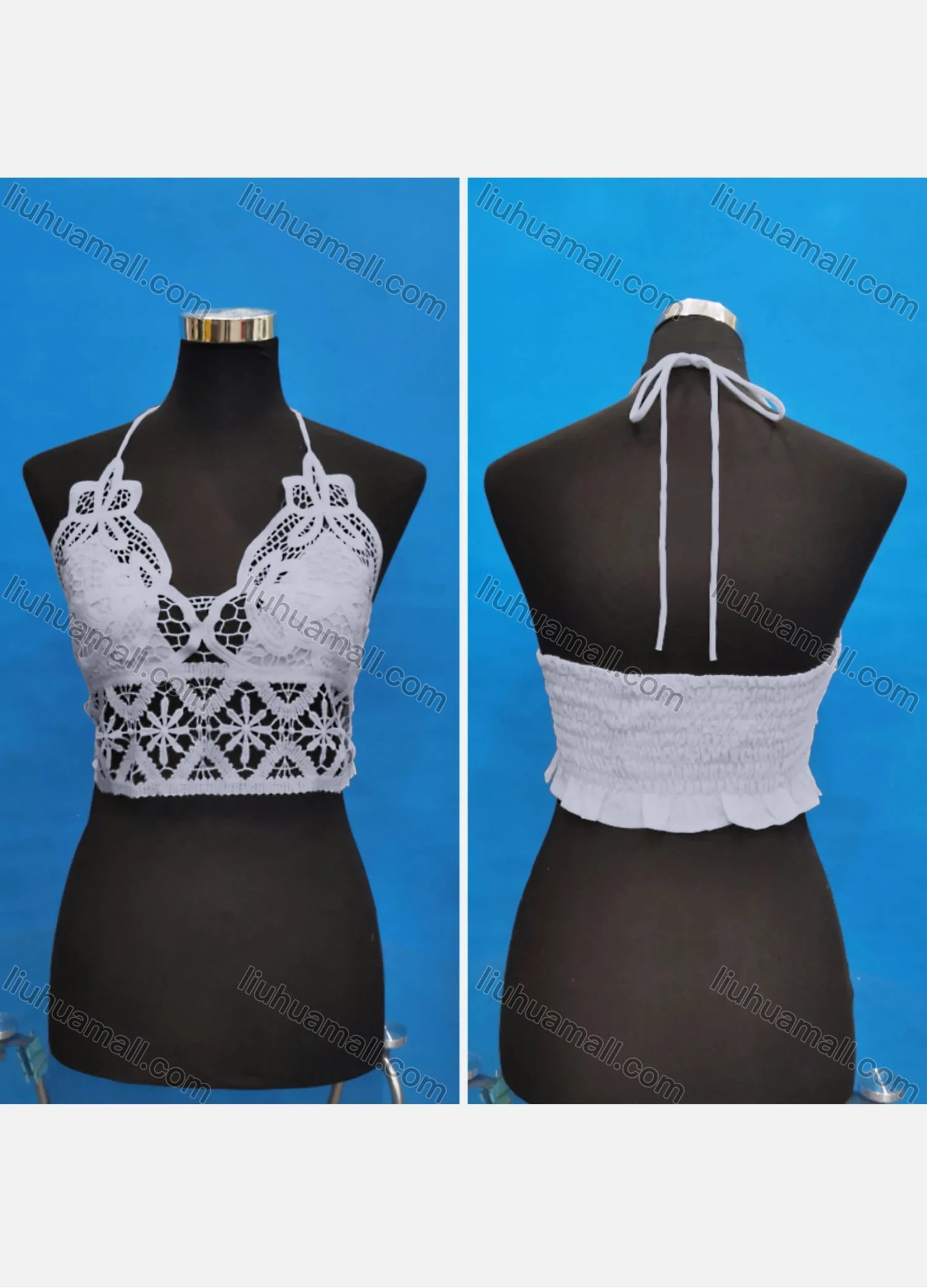 Wholesale Women's Sexy Halter Hollow Out Lace Trim Tie Back Shirred Crop Tops - Liuhuamall