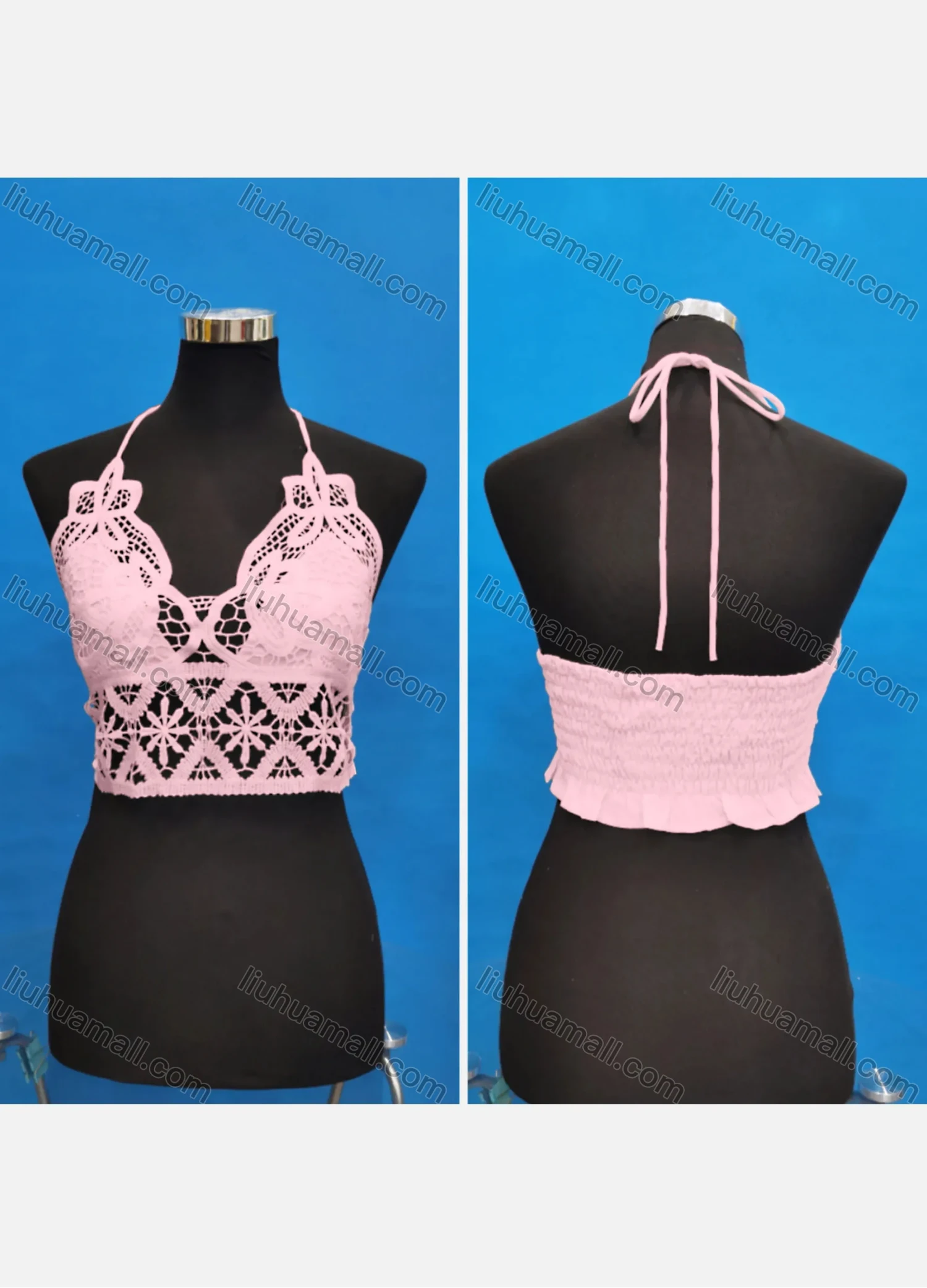 Wholesale Women's Sexy Halter Hollow Out Lace Trim Tie Back Shirred Crop Tops - Liuhuamall