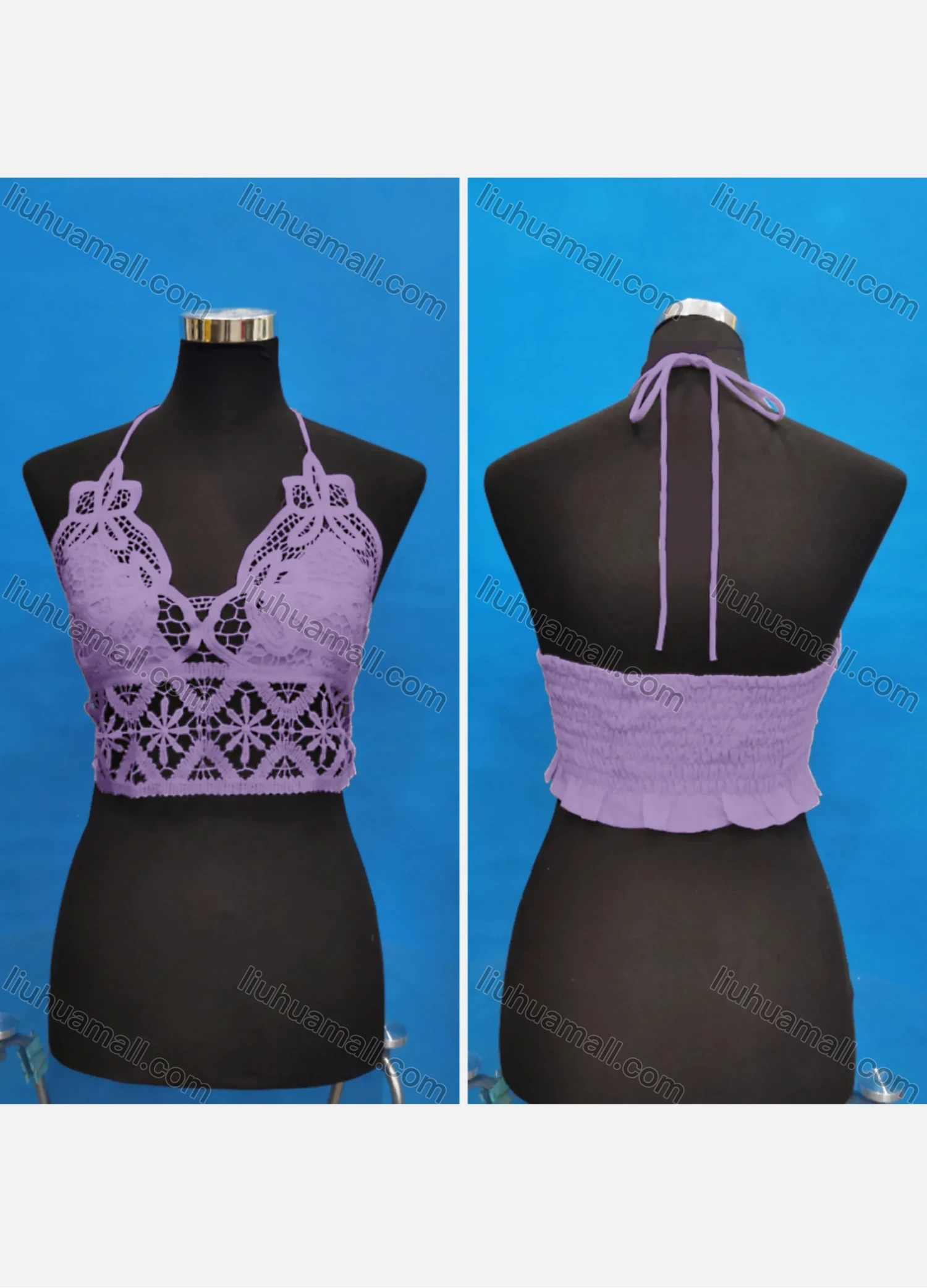 Wholesale Women's Sexy Halter Hollow Out Lace Trim Tie Back Shirred Crop Tops - Liuhuamall