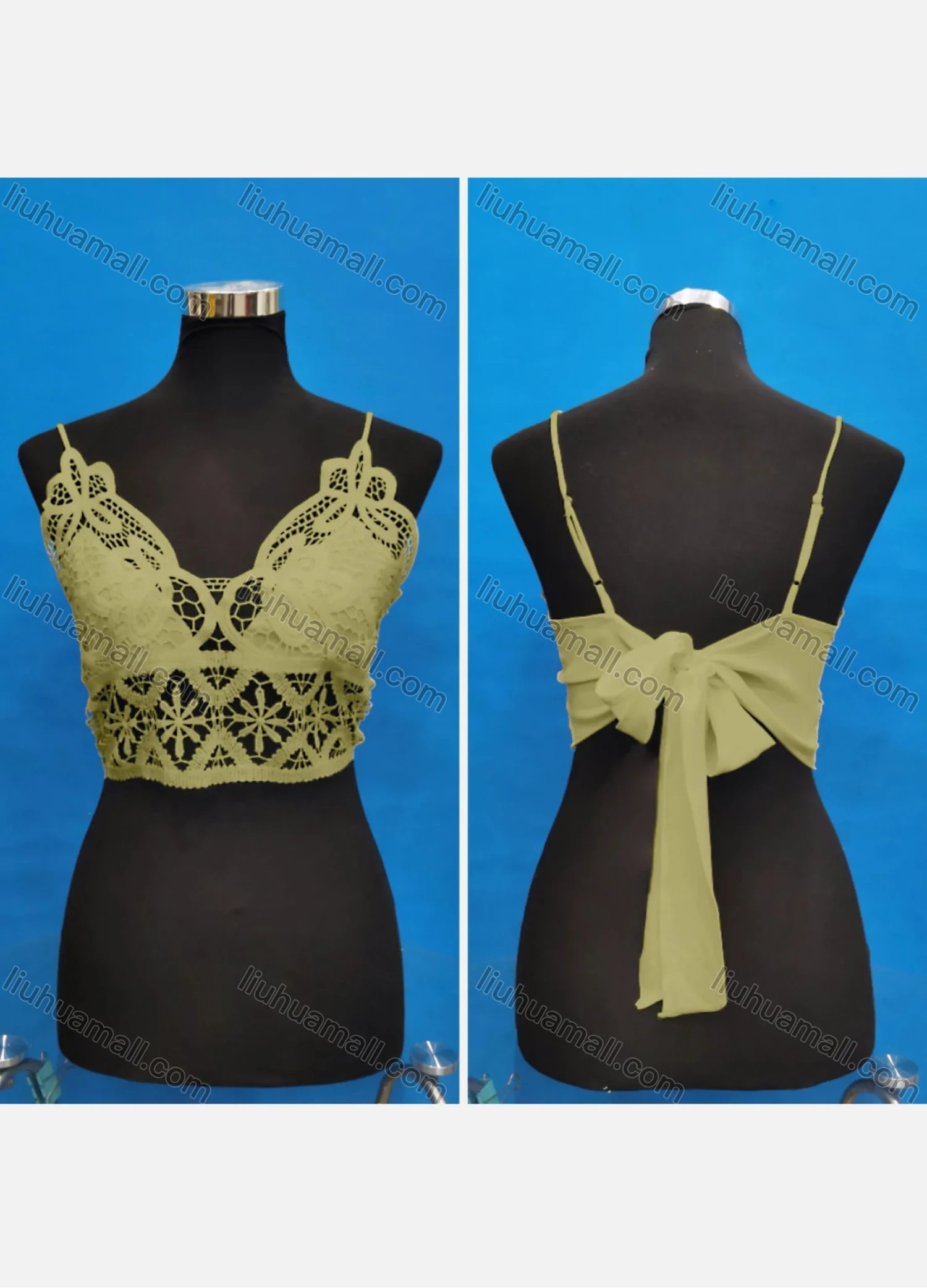 Wholesale Women's Sexy Spaghetti Strap Hollow Out Lace Trim Tie Back Crop Tops - Liuhuamall