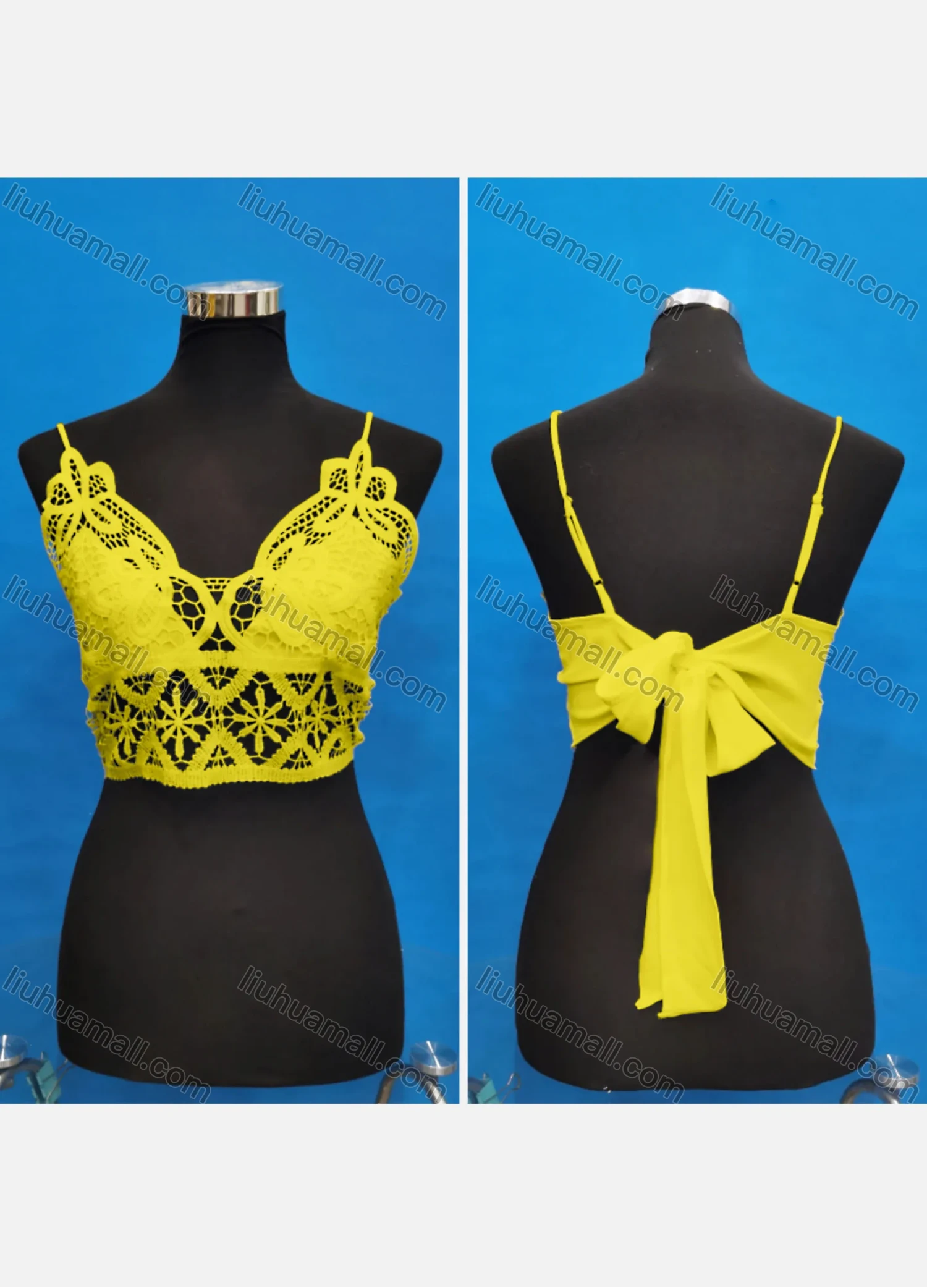 Wholesale Women's Sexy Spaghetti Strap Hollow Out Lace Trim Tie Back Crop Tops - Liuhuamall