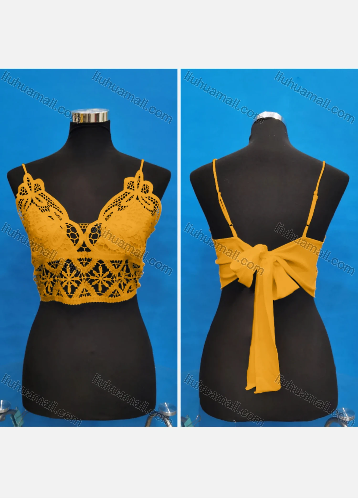 Wholesale Women's Sexy Spaghetti Strap Hollow Out Lace Trim Tie Back Crop Tops - Liuhuamall