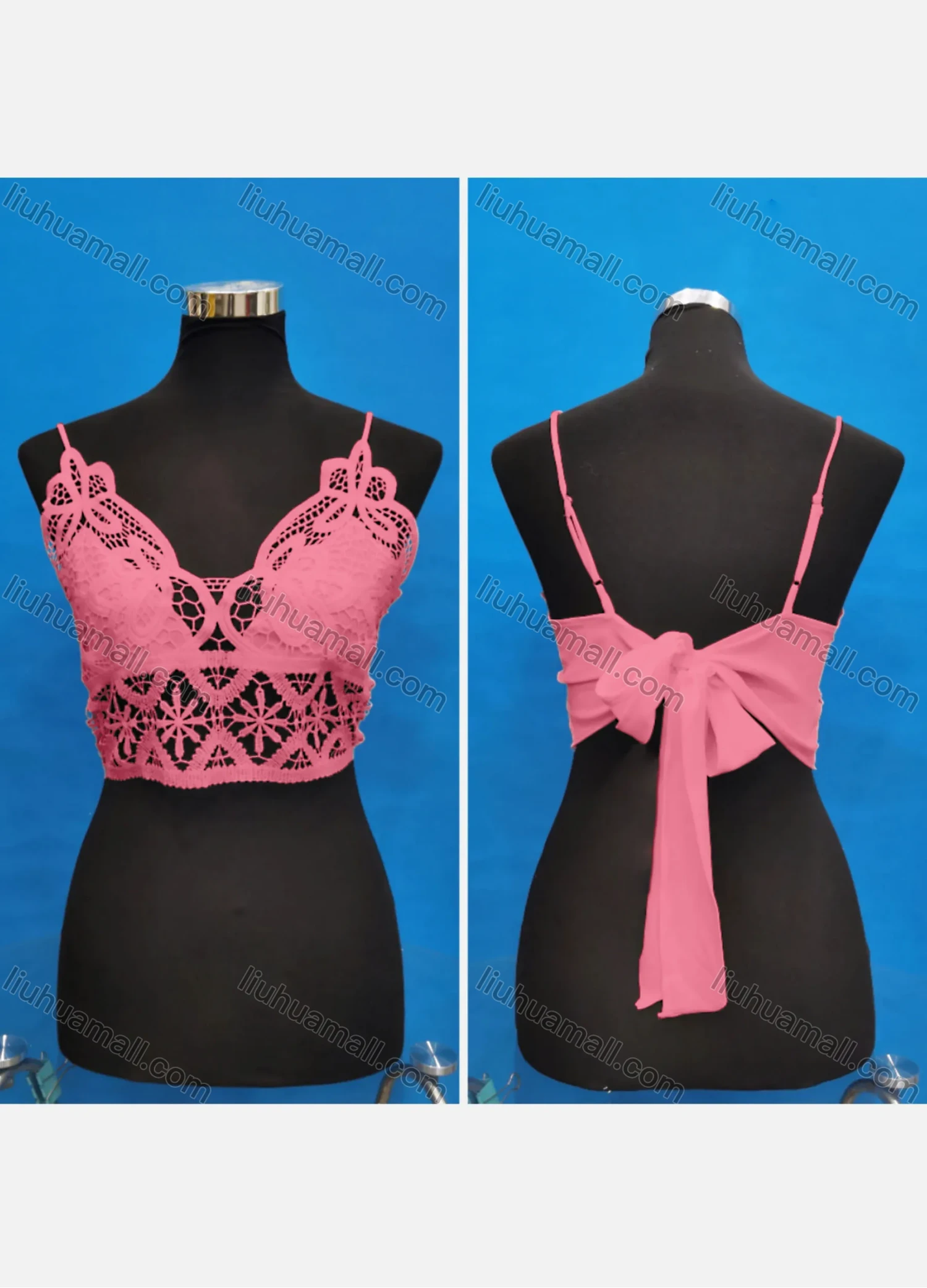 Wholesale Women's Sexy Spaghetti Strap Hollow Out Lace Trim Tie Back Crop Tops - Liuhuamall