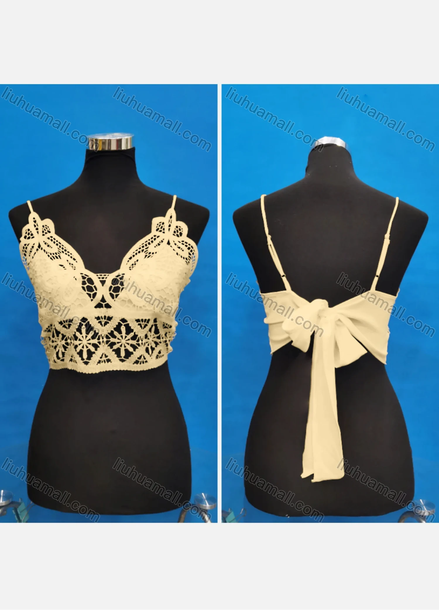 Wholesale Women's Sexy Spaghetti Strap Hollow Out Lace Trim Tie Back Crop Tops - Liuhuamall