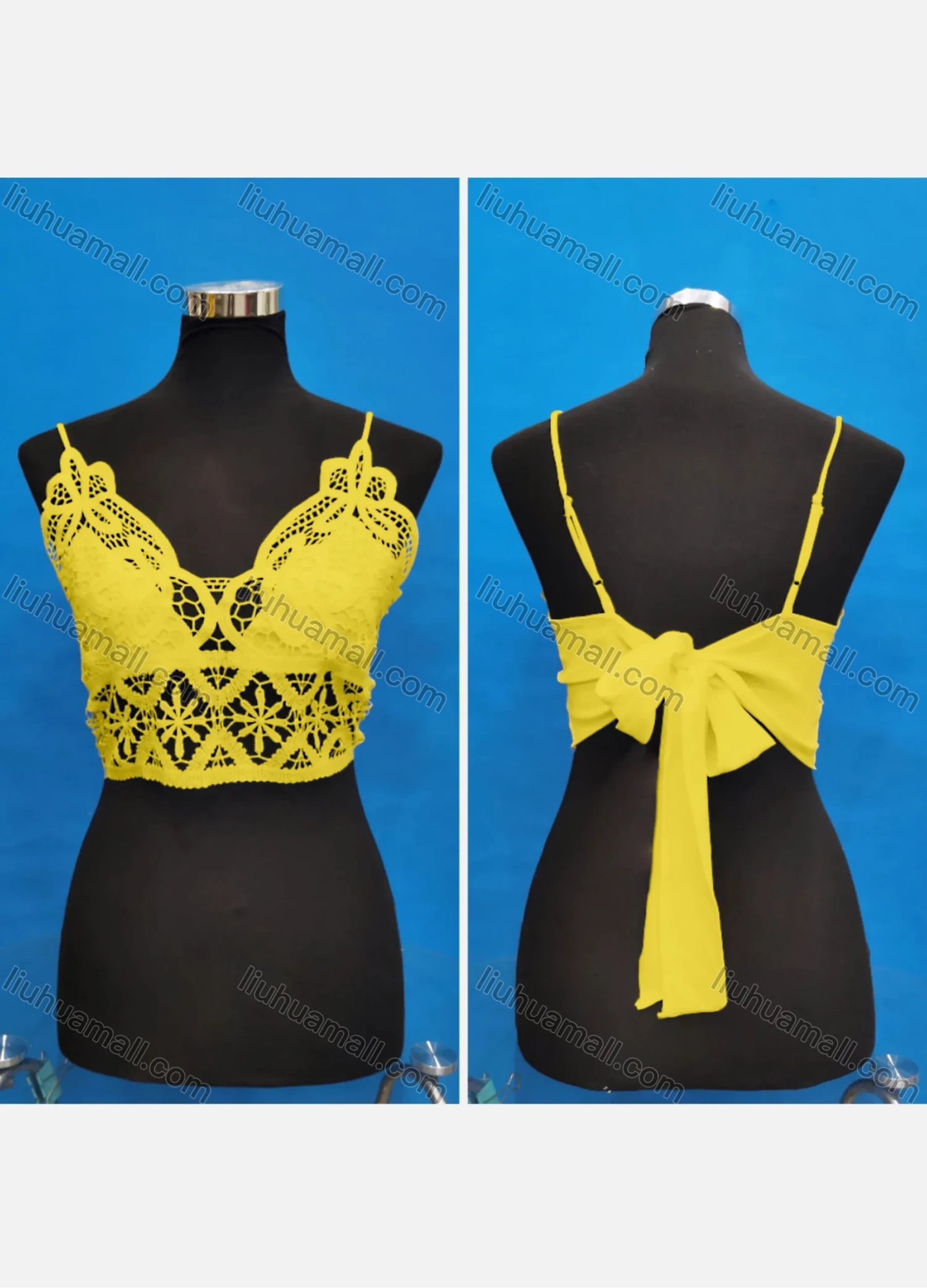 Wholesale Women's Sexy Spaghetti Strap Hollow Out Lace Trim Tie Back Crop Tops - Liuhuamall