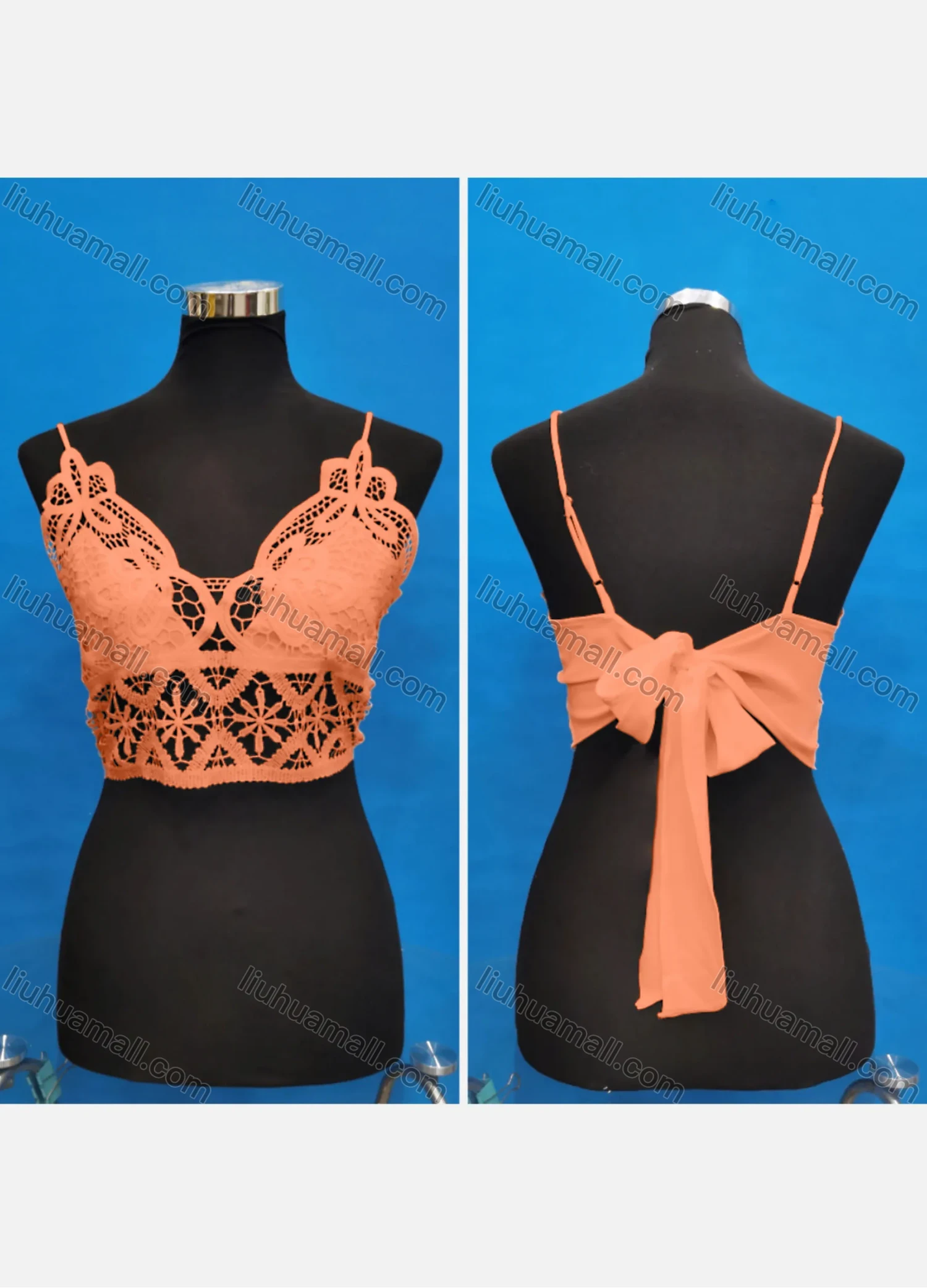 Wholesale Women's Sexy Spaghetti Strap Hollow Out Lace Trim Tie Back Crop Tops - Liuhuamall