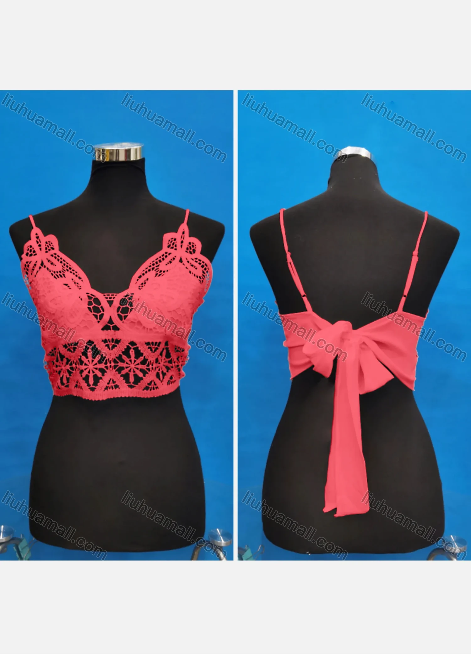 Wholesale Women's Sexy Spaghetti Strap Hollow Out Lace Trim Tie Back Crop Tops - Liuhuamall