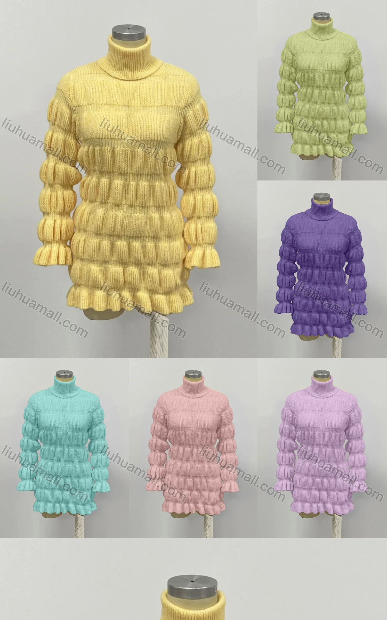 Wholesale Women's Plain Turtleneck Marie Sleeve Ruffle Hem Mid Length Sweater - Liuhuamall