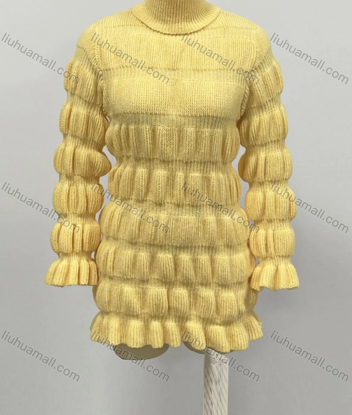 Wholesale Women's Plain Turtleneck Marie Sleeve Ruffle Hem Mid Length Sweater - Liuhuamall