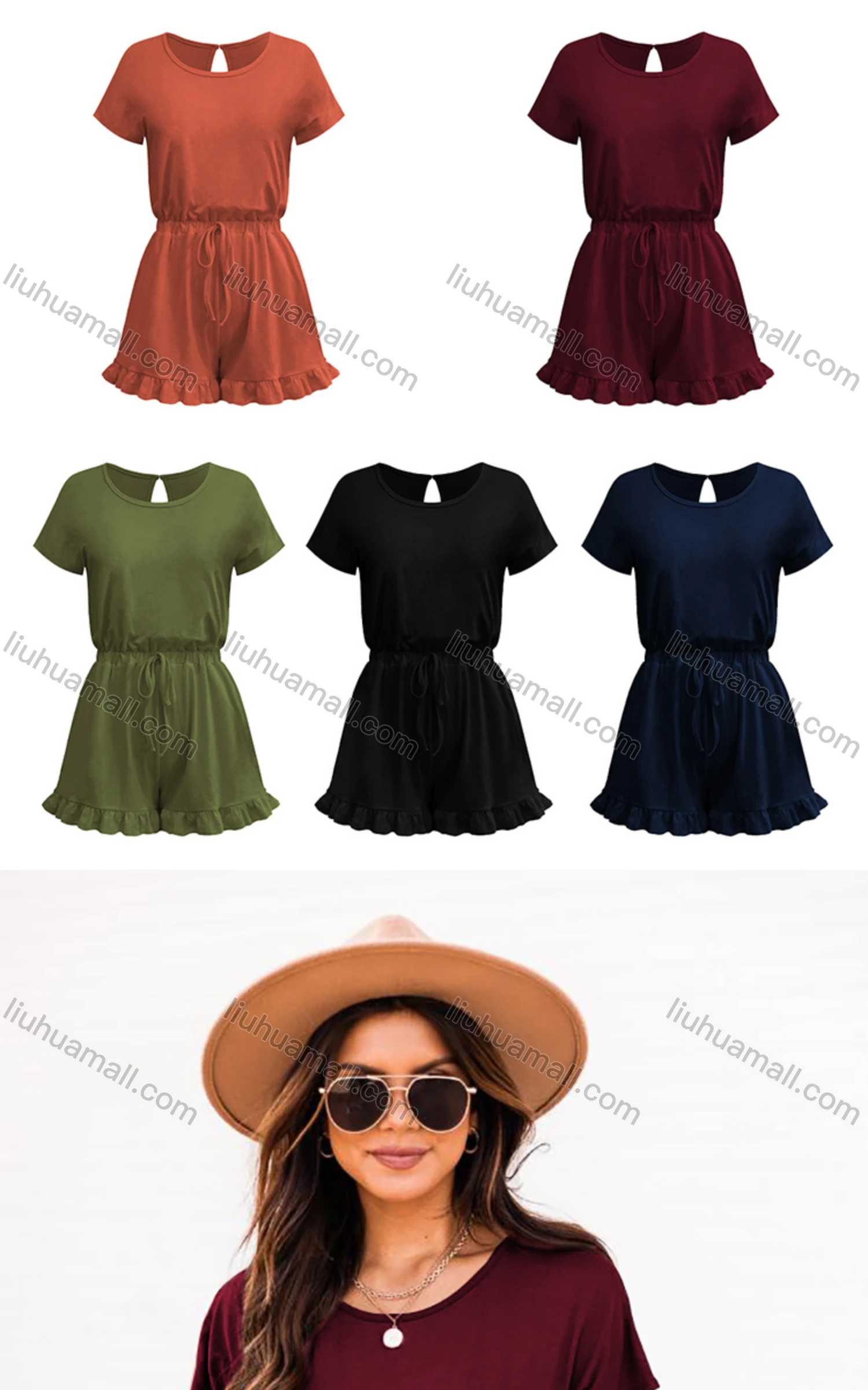 Wholesale Women's Casual Crew Neck Short Sleeve Ruffle Trim Plain Romper - Liuhuamall