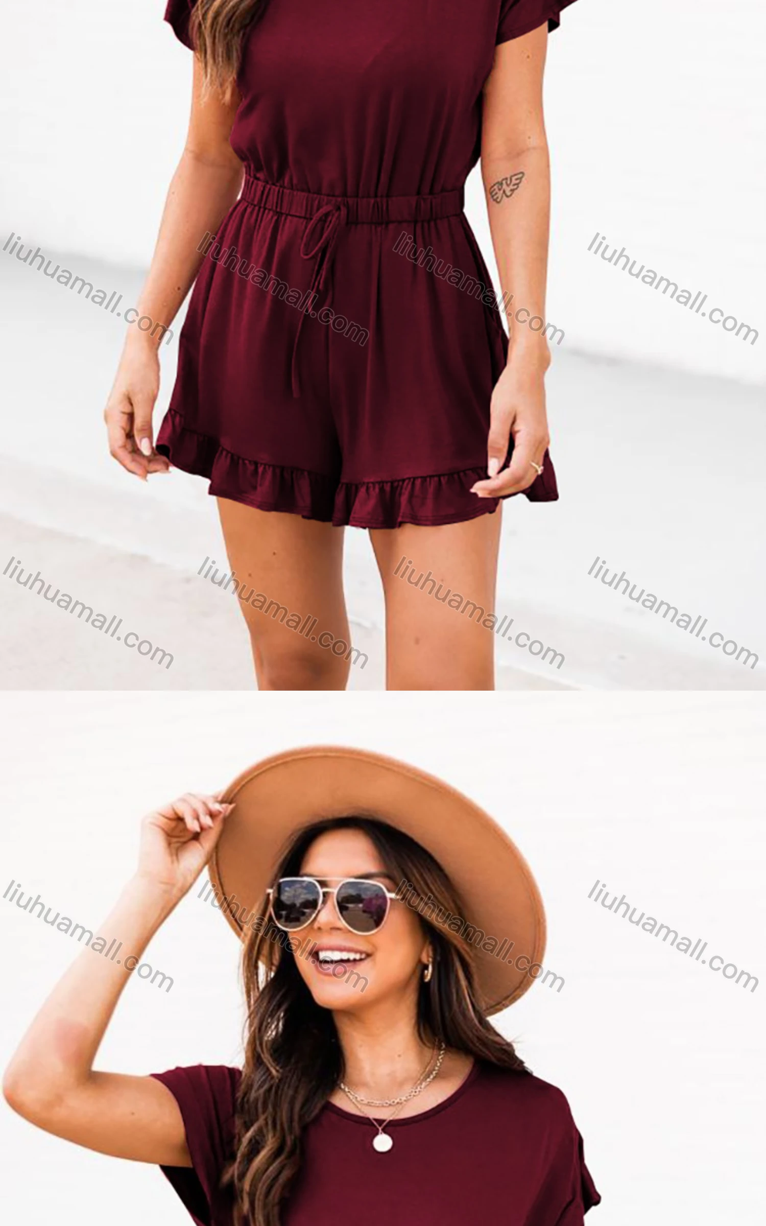Wholesale Women's Casual Crew Neck Short Sleeve Ruffle Trim Plain Romper - Liuhuamall