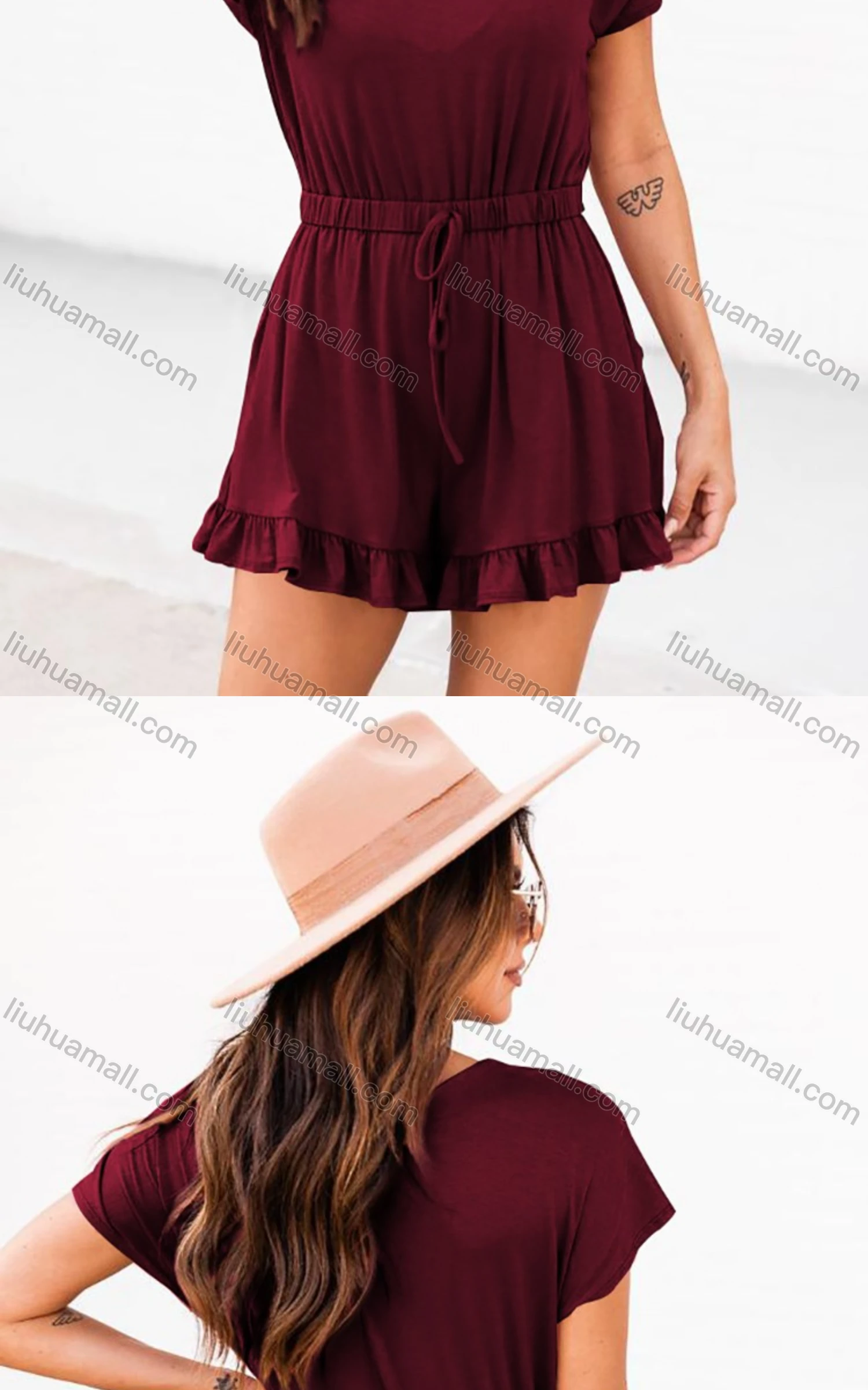 Wholesale Women's Casual Crew Neck Short Sleeve Ruffle Trim Plain Romper - Liuhuamall