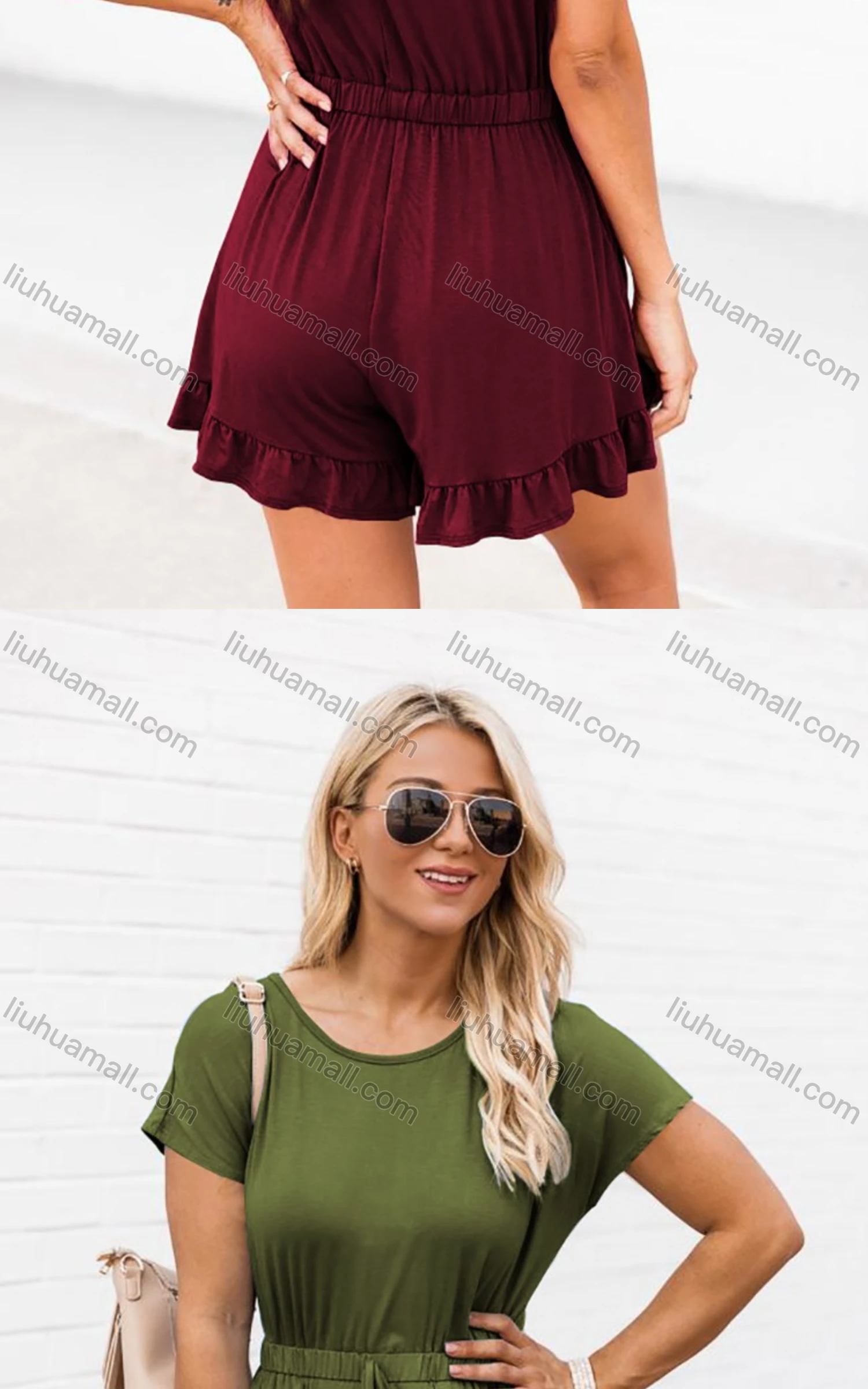 Wholesale Women's Casual Crew Neck Short Sleeve Ruffle Trim Plain Romper - Liuhuamall