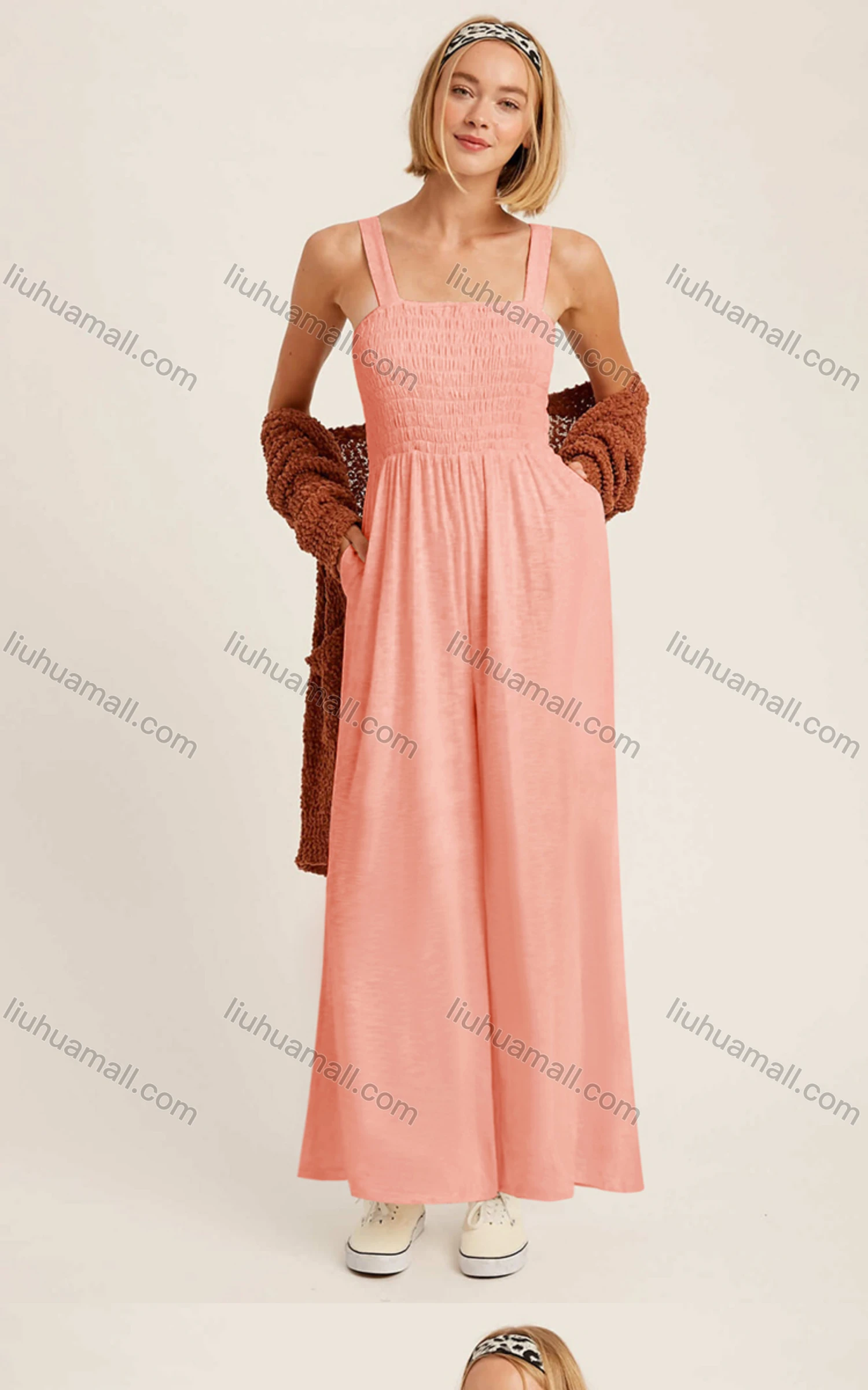 Wholesale Women's Casual Spaghetti Strap Shirred Plain Wide Leg Jumpsuits - Liuhuamall