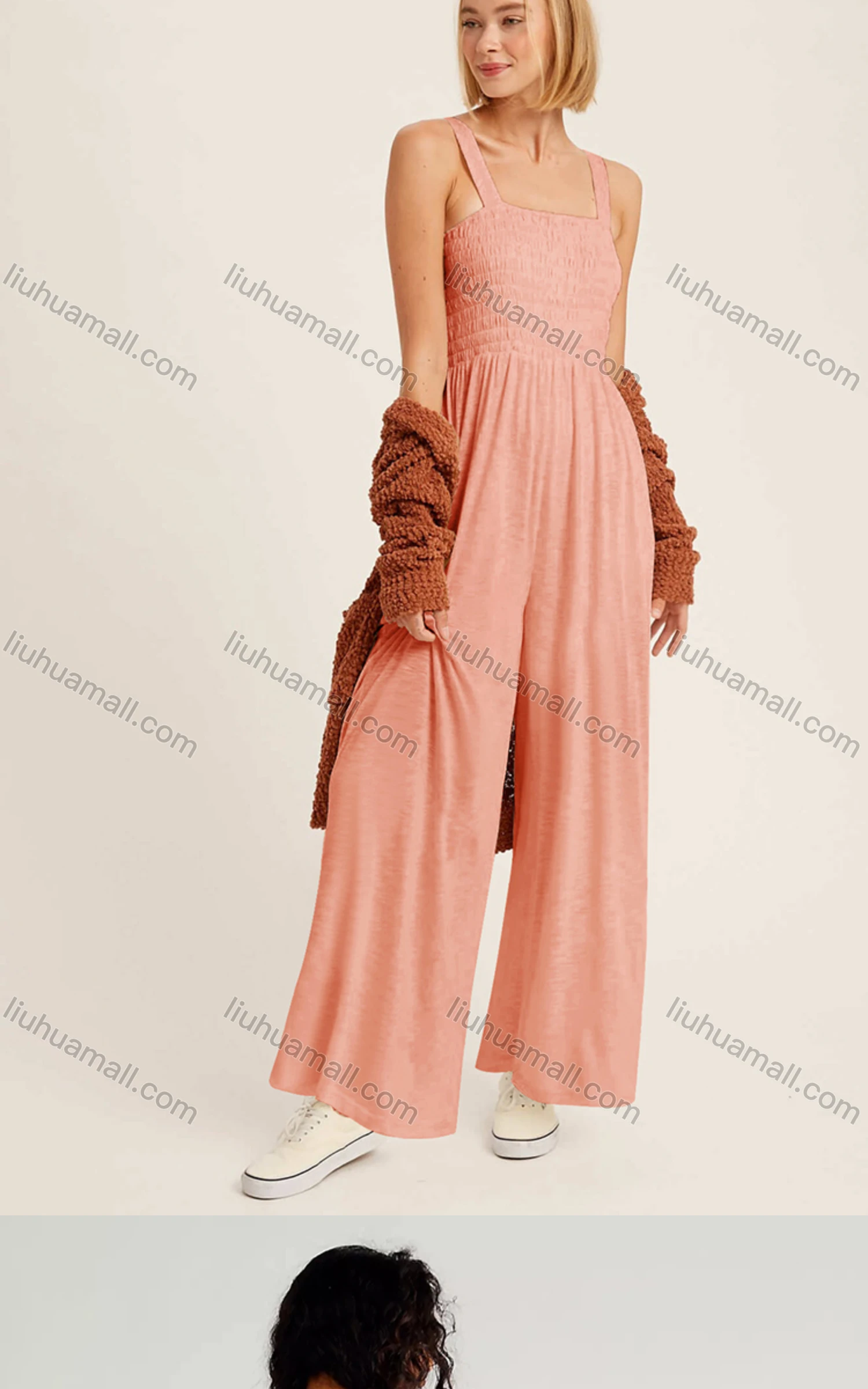 Wholesale Women's Casual Spaghetti Strap Shirred Plain Wide Leg Jumpsuits - Liuhuamall