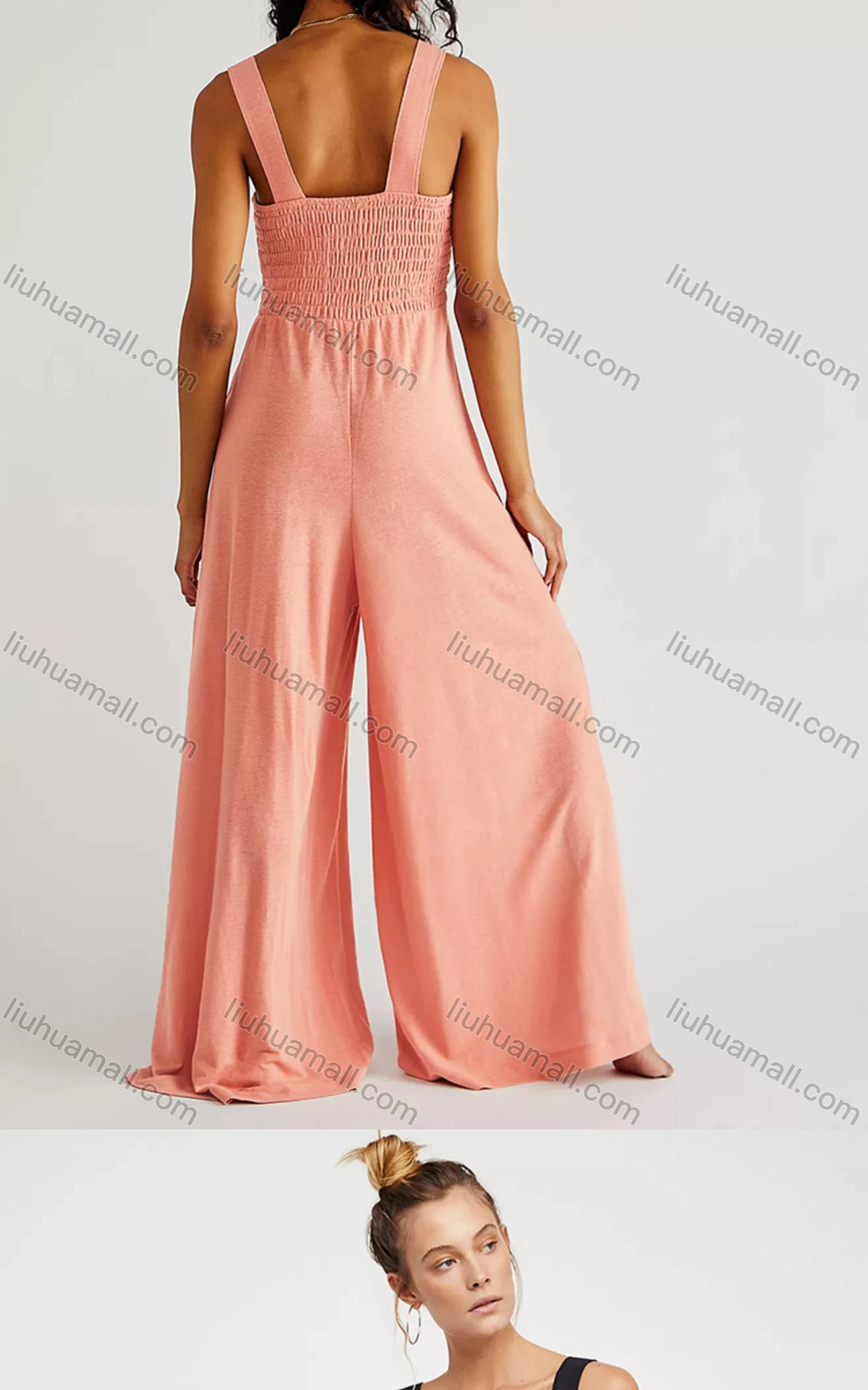 Wholesale Women's Casual Spaghetti Strap Shirred Plain Wide Leg Jumpsuits - Liuhuamall