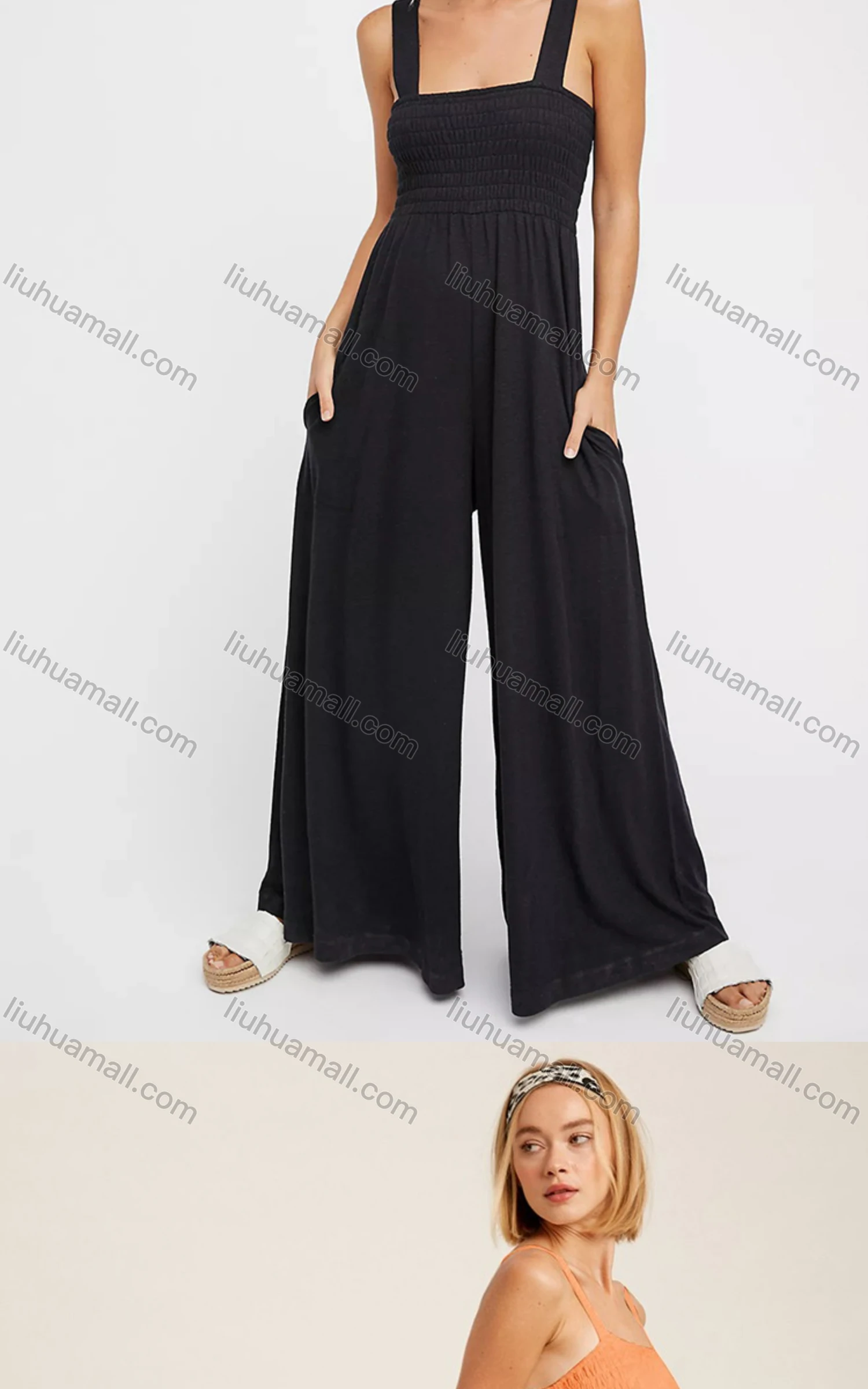 Wholesale Women's Casual Spaghetti Strap Shirred Plain Wide Leg Jumpsuits - Liuhuamall