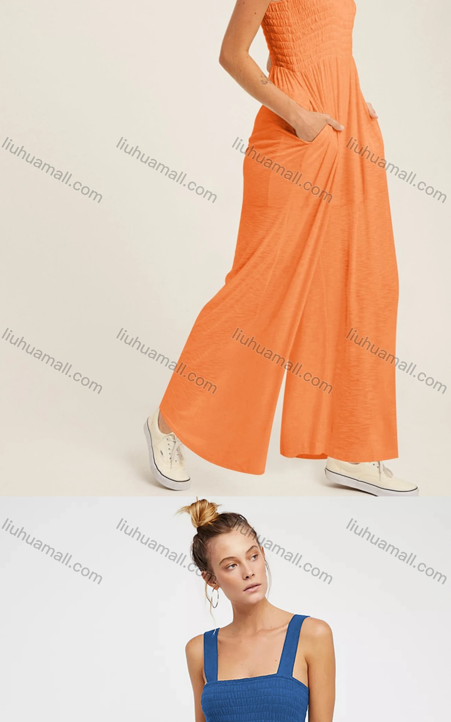 Wholesale Women's Casual Spaghetti Strap Shirred Plain Wide Leg Jumpsuits - Liuhuamall
