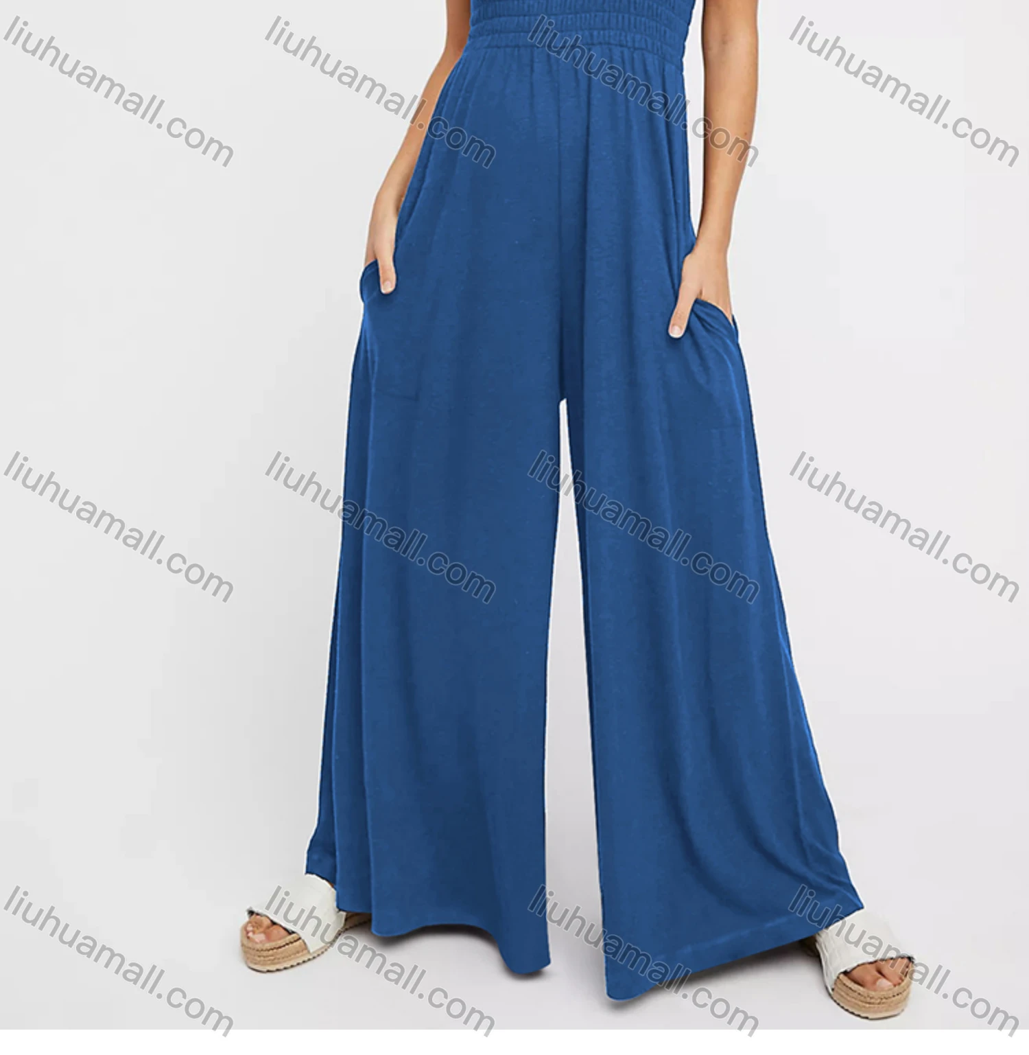 Wholesale Women's Casual Spaghetti Strap Shirred Plain Wide Leg Jumpsuits - Liuhuamall