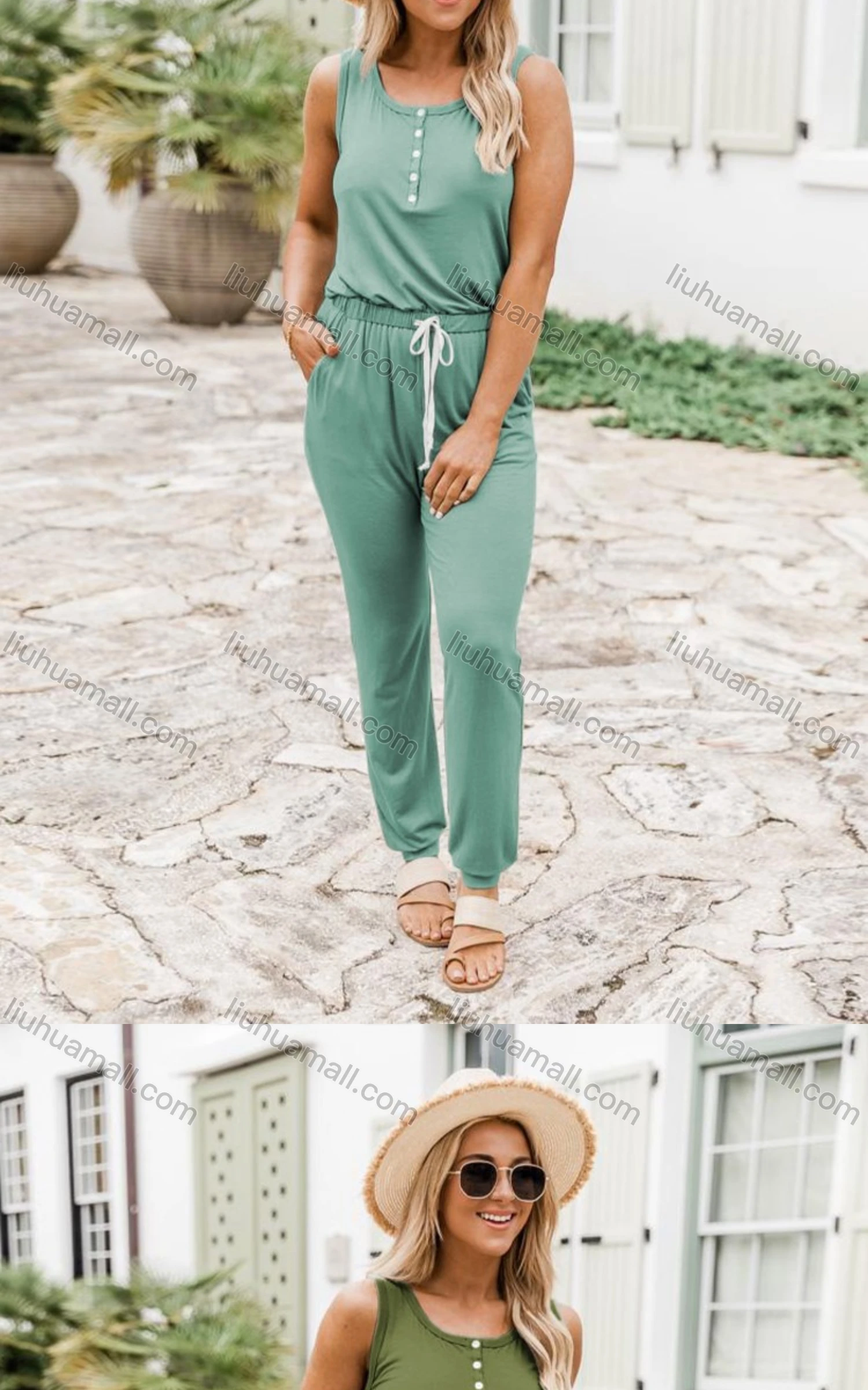 Wholesale Women's Casual Sleeveless Button Front Drawstring Waist Plain Jumpsuits - Liuhuamall