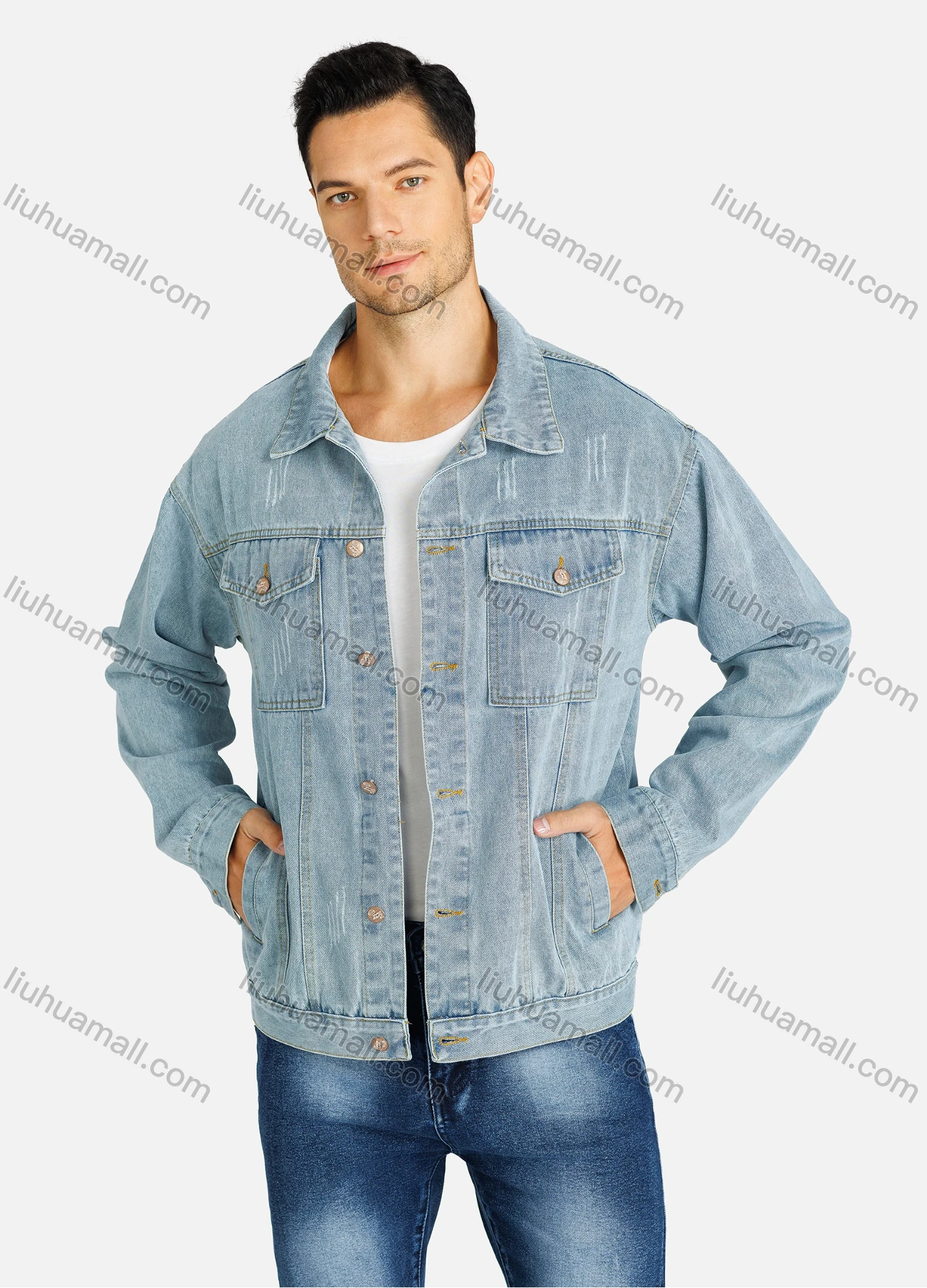 Wholesale Men's Basics Plain Button Down Flap Pockets Distressed Denim Jacket - Liuhuamall