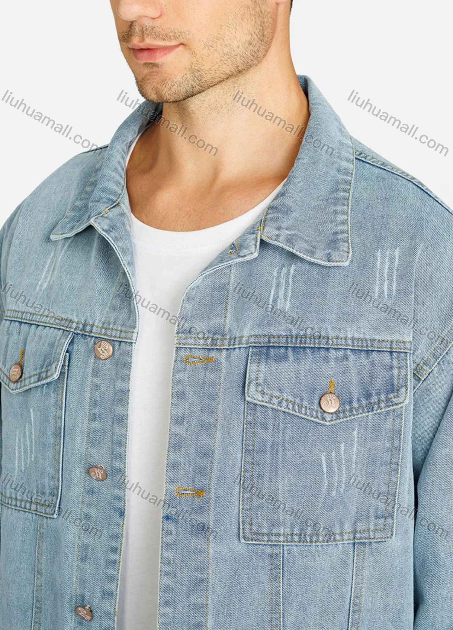 Wholesale Men's Basics Plain Button Down Flap Pockets Distressed Denim Jacket - Liuhuamall