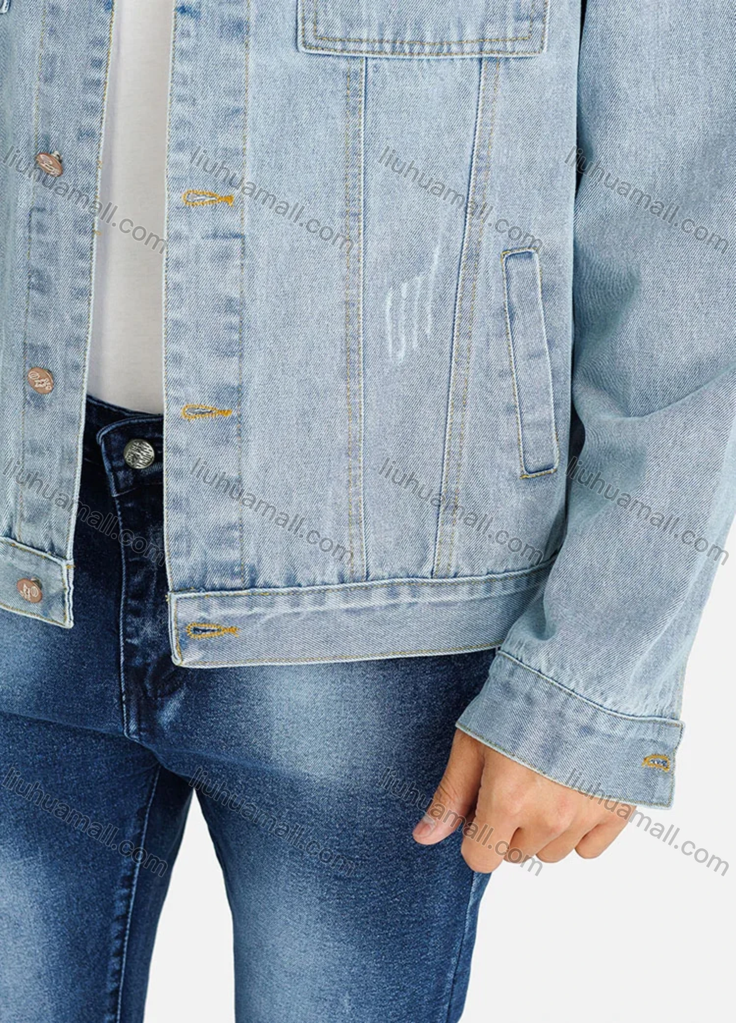 Wholesale Men's Basics Plain Button Down Flap Pockets Distressed Denim Jacket - Liuhuamall
