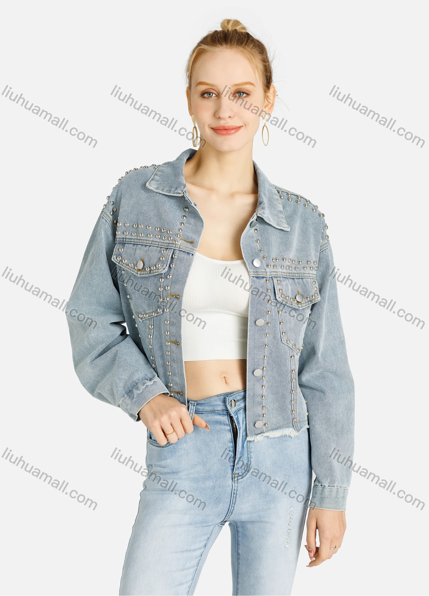 Wholesale Women's Fashion Plain Button Down Rivets Decor Flap Pockets Frayed Raw Hem Denim Jacket - Liuhuamall
