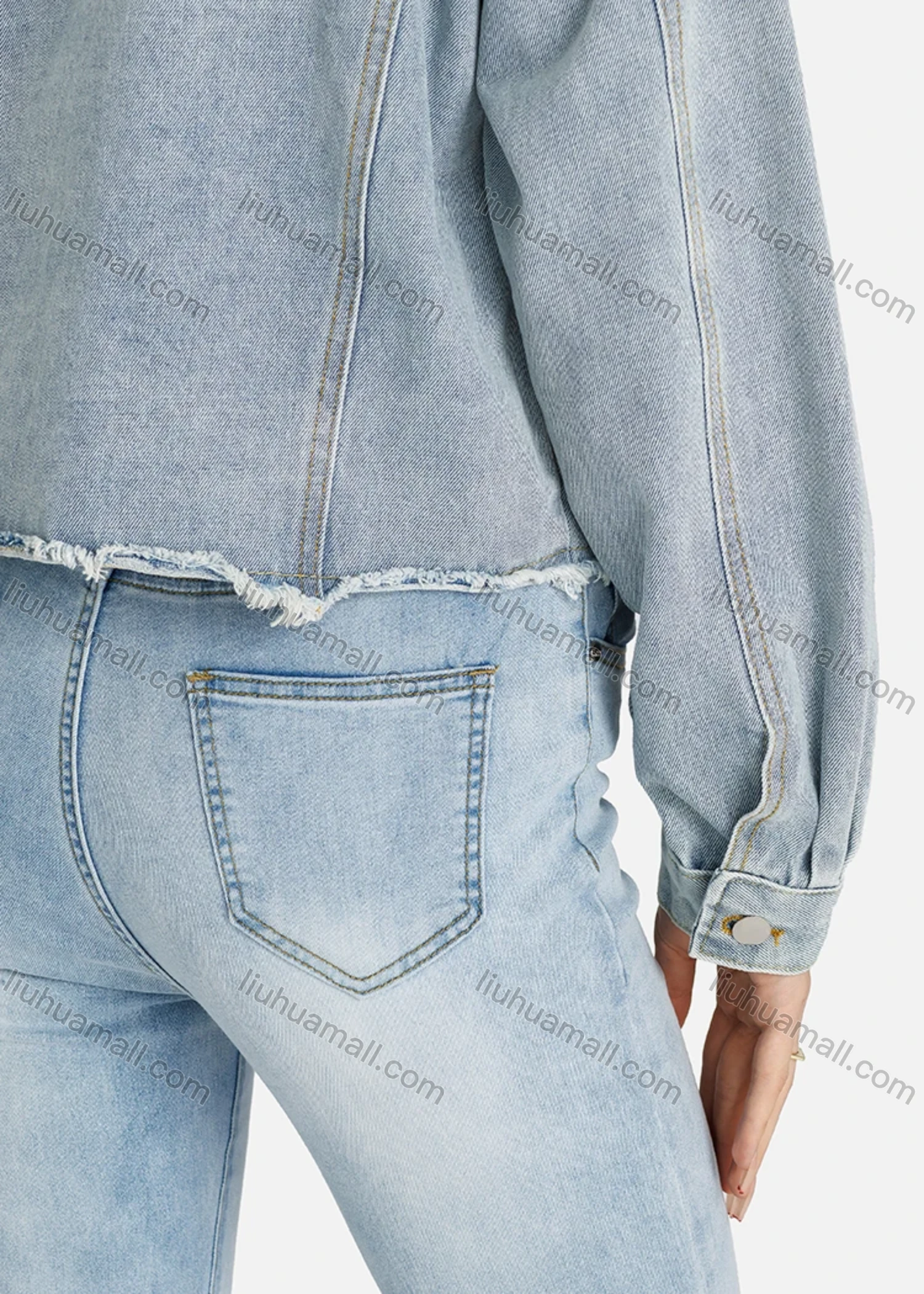 Wholesale Women's Fashion Plain Button Down Rivets Decor Flap Pockets Frayed Raw Hem Denim Jacket - Liuhuamall