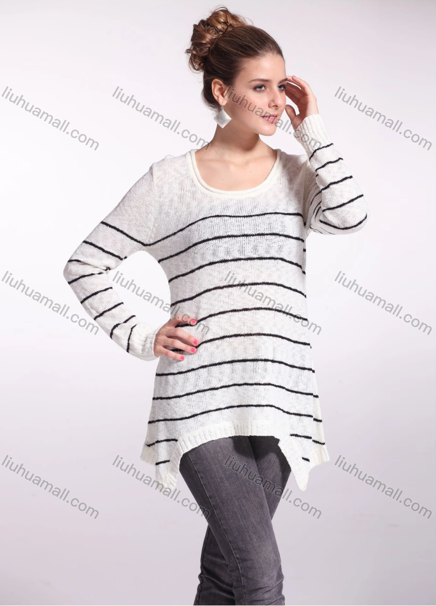 Wholesale Women's Casual Scoop Neck Long Sleeve Striped Print Mid Length Knit Top - Liuhuamall